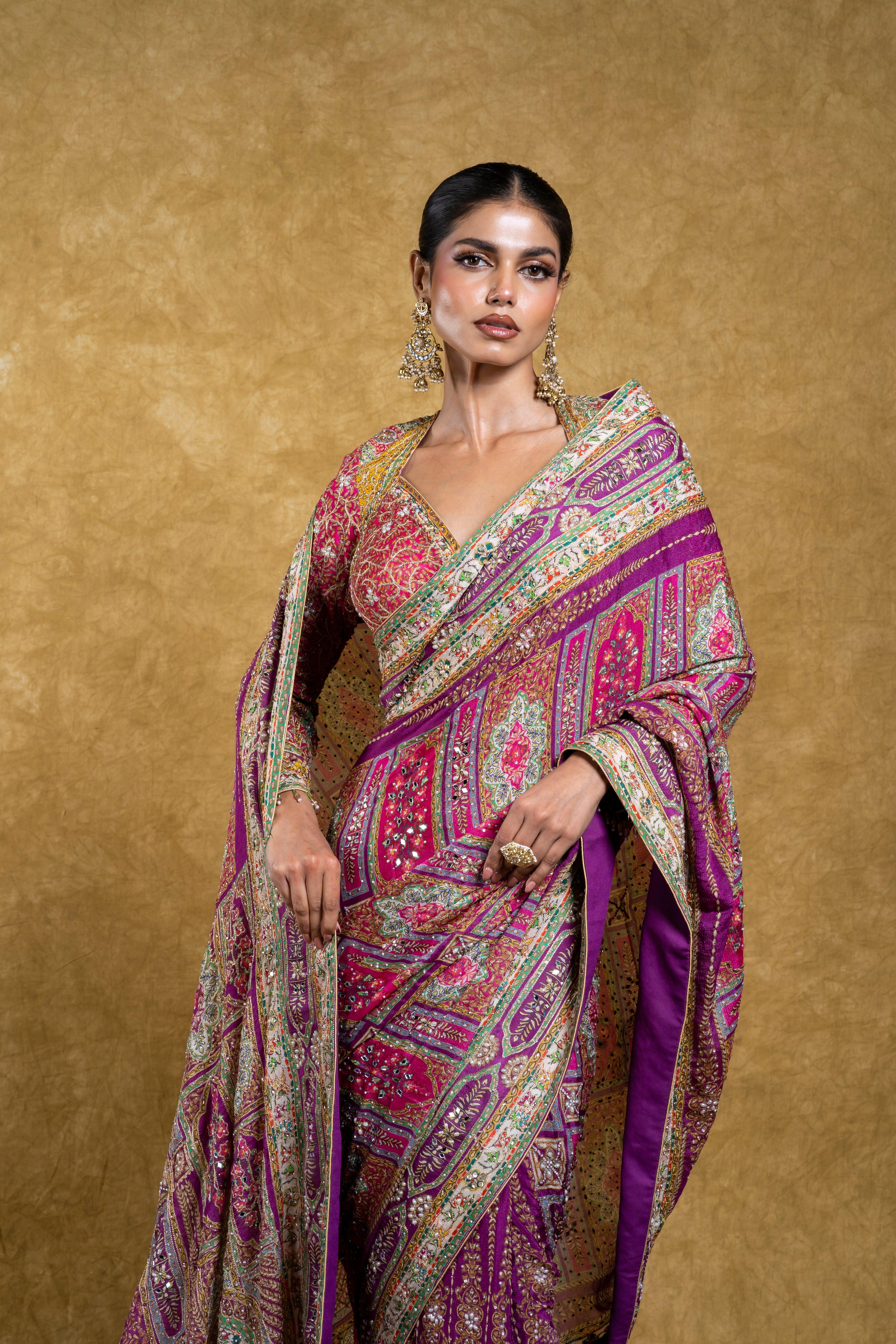 Magenta and Multicolor Saree with Mirror and Sequin | Saree | Mokshaa