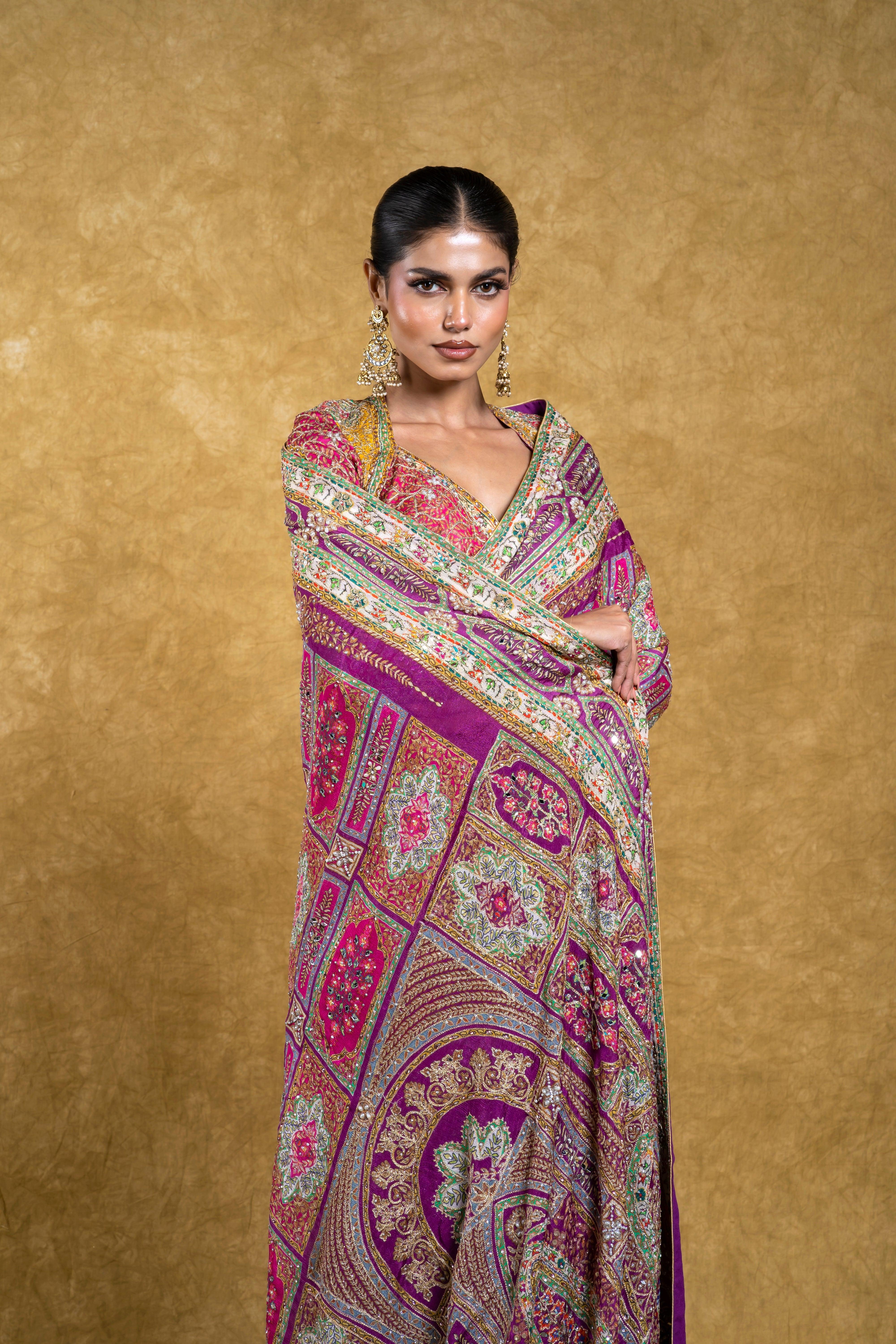 Magenta and Multicolor Saree with Mirror and Sequin | Saree | Mokshaa