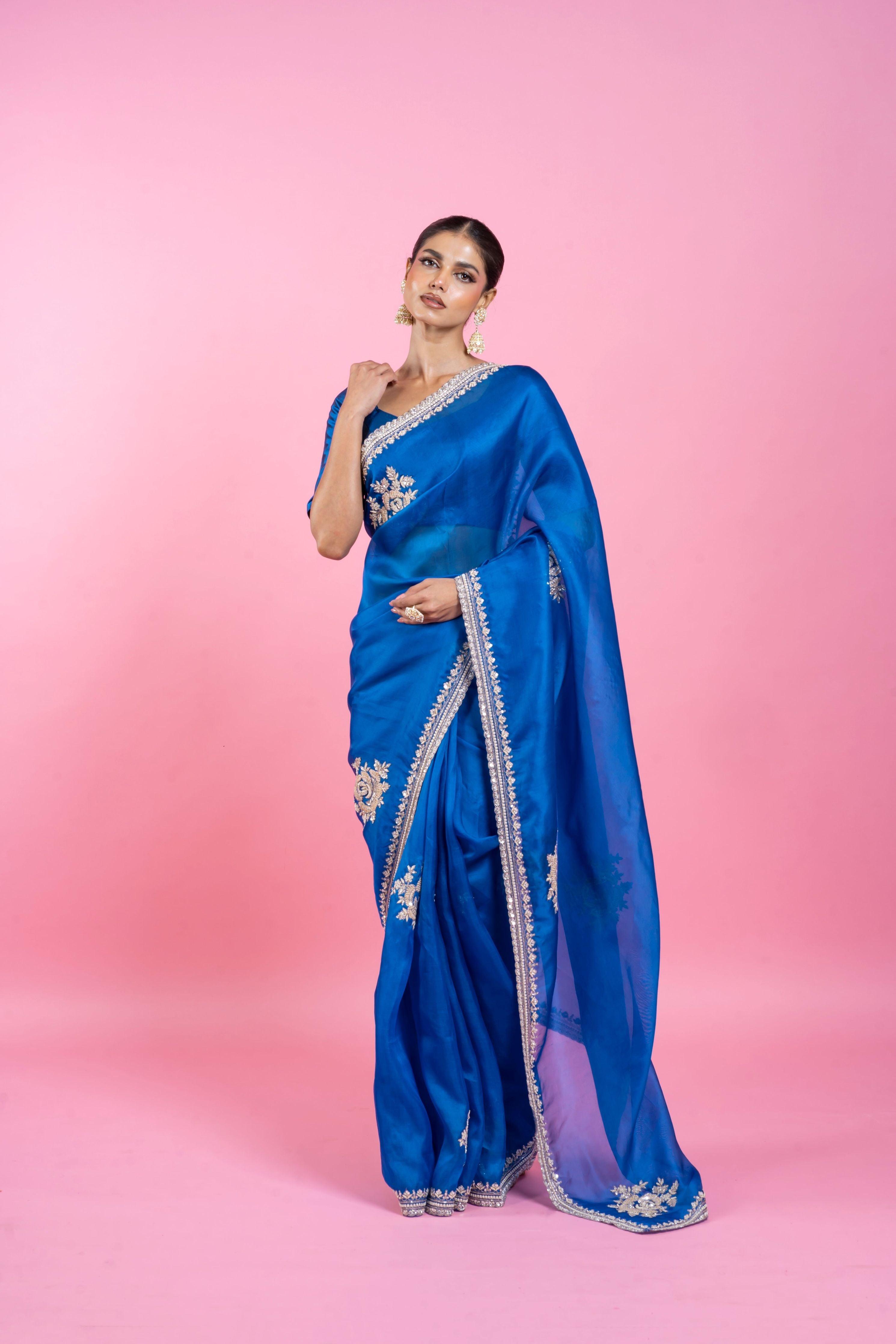 Royal Blue Organza Saree with Embroidery - Mokshaa