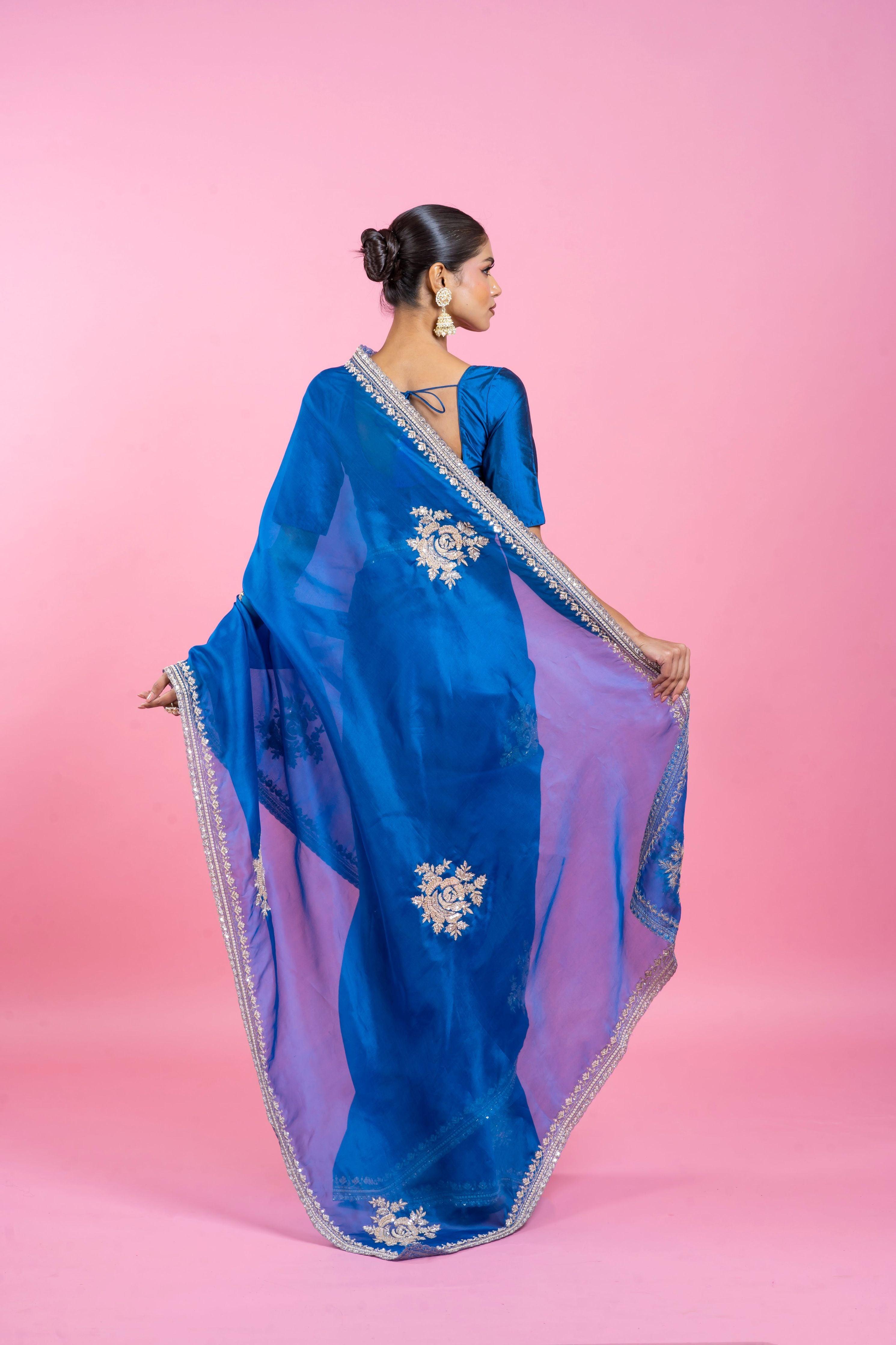 Royal Blue Organza Saree with Embroidery - Mokshaa