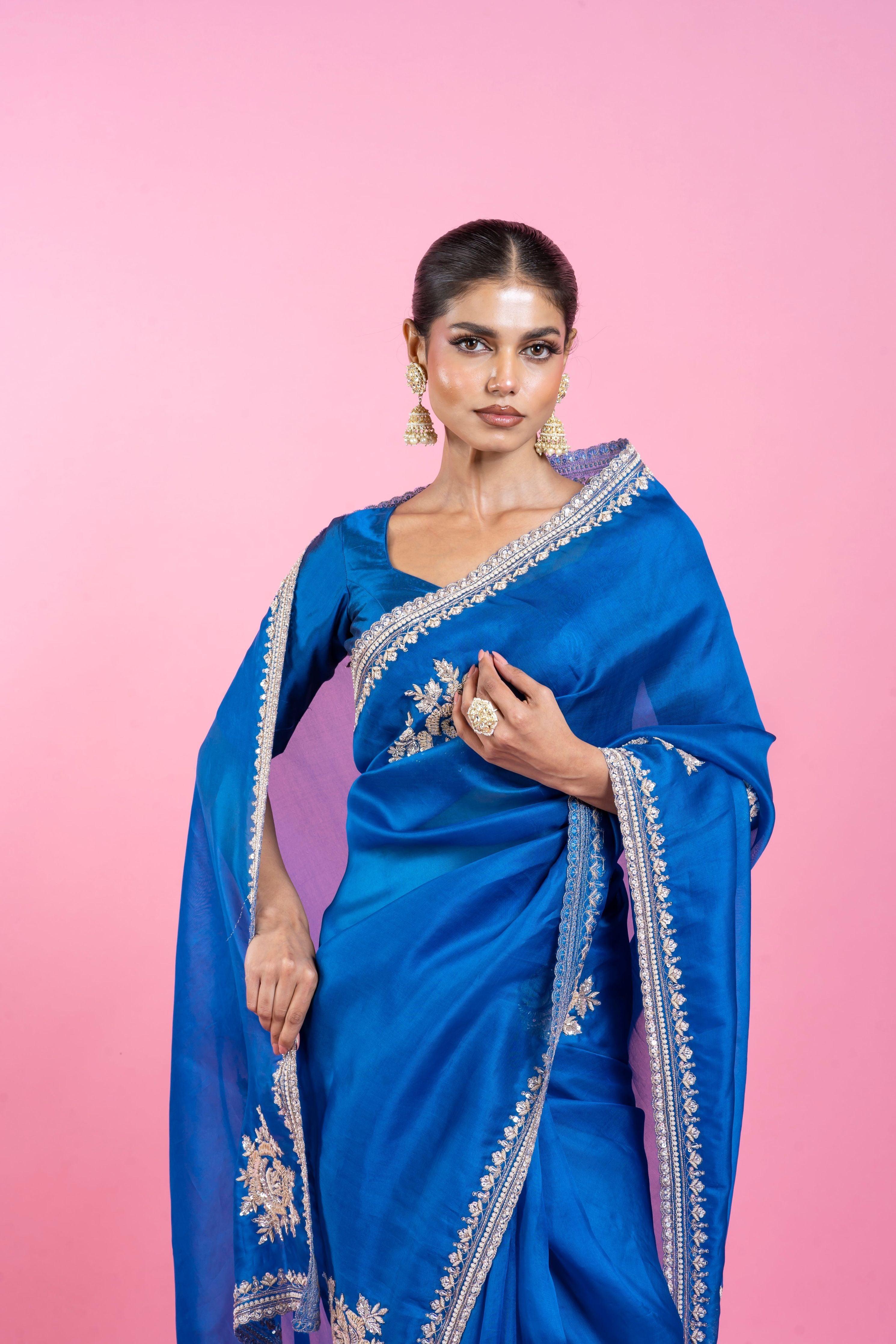 Royal Blue Organza Saree with Embroidery - Mokshaa