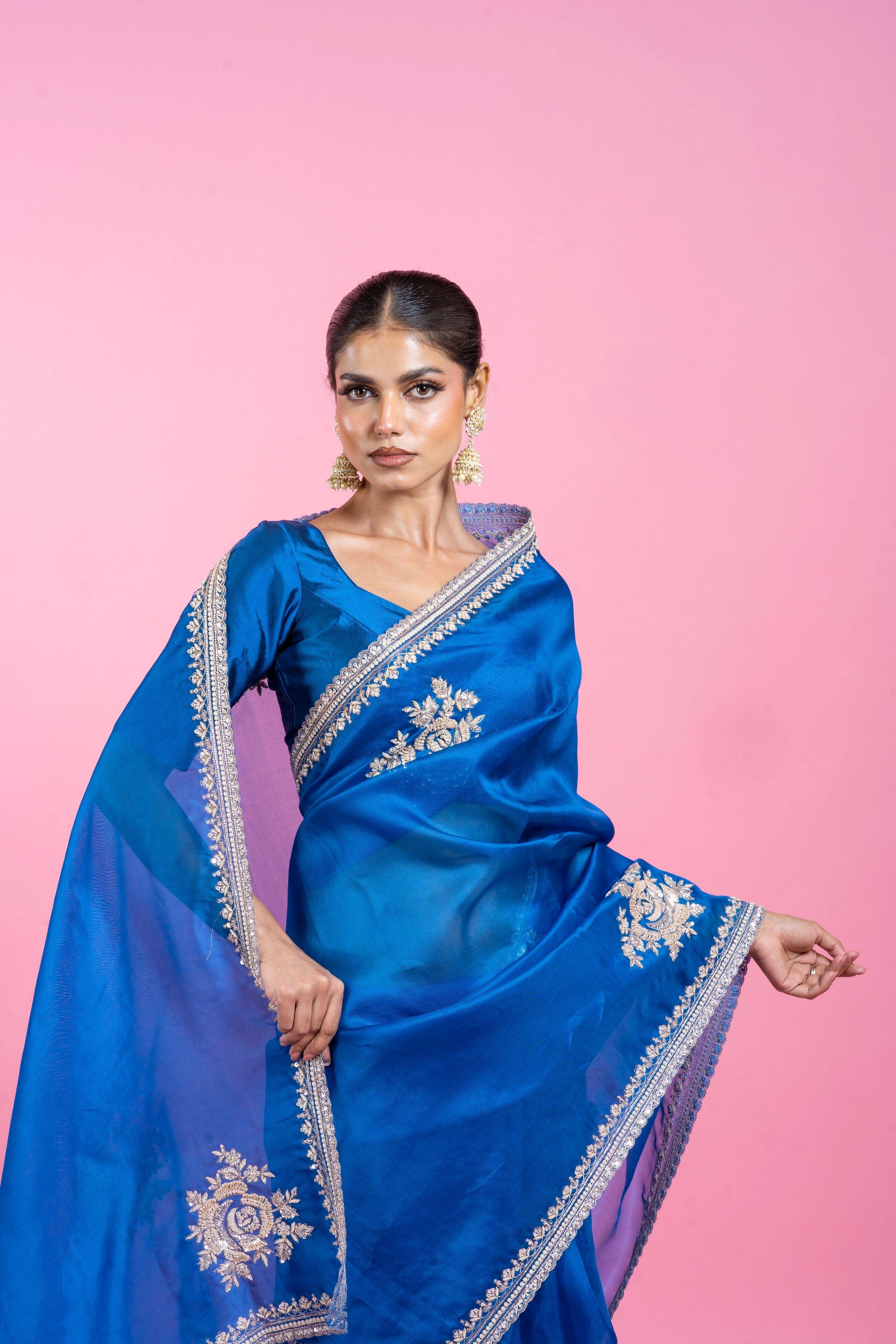 Royal Blue Organza Saree with Embroidery - Mokshaa