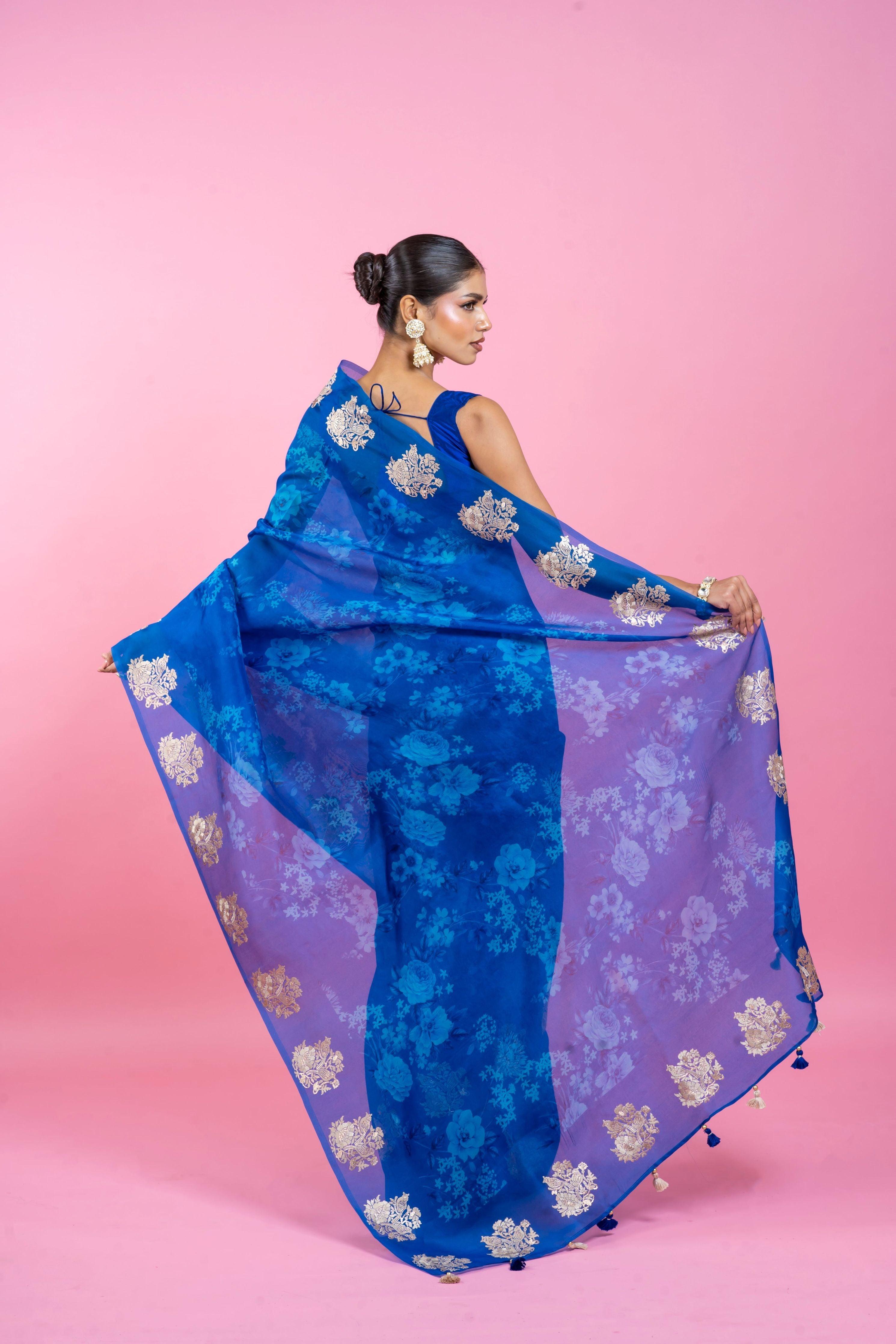 Ink Blue Organza Saree with Digital Print and Embroidery - Mokshaa