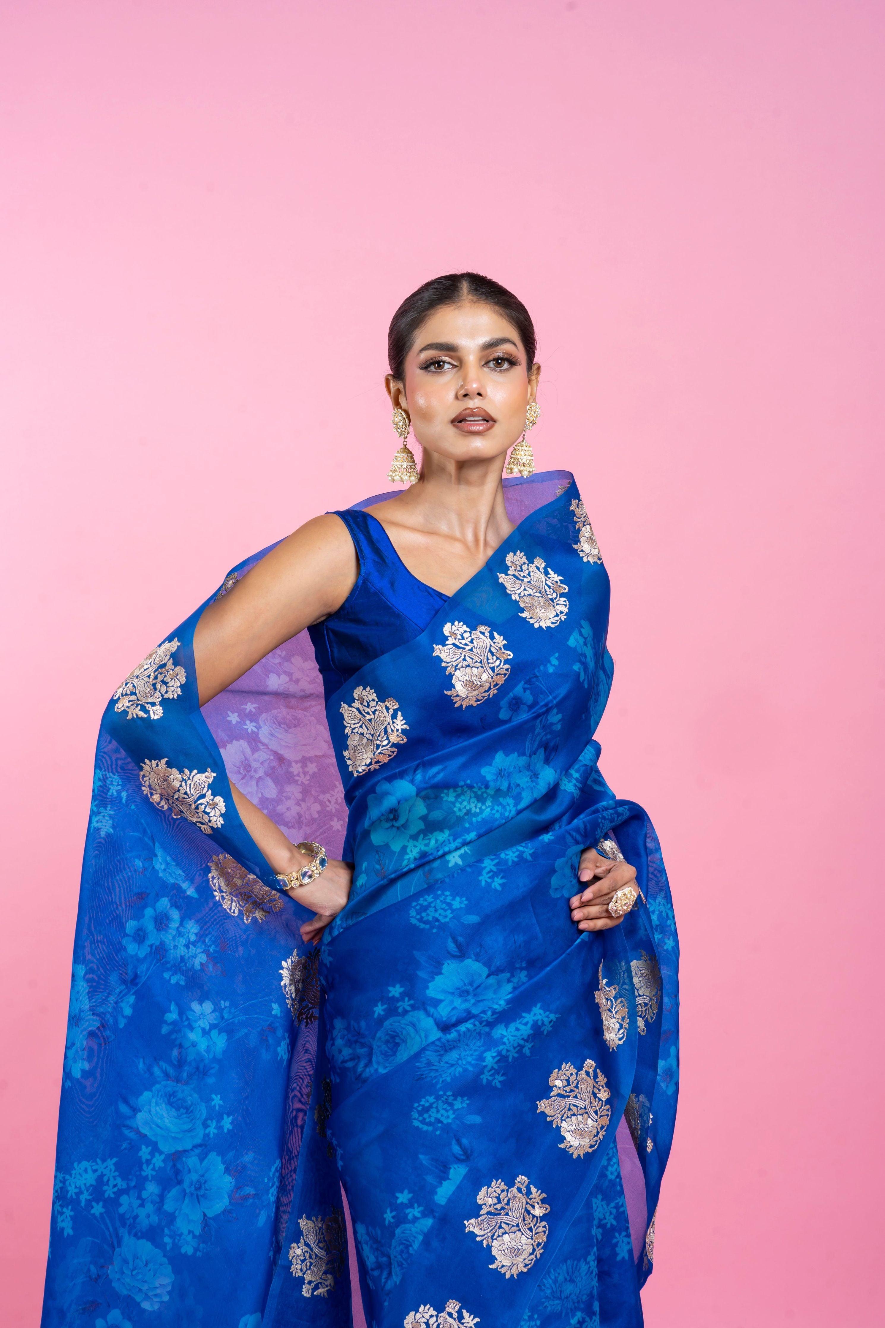 Ink Blue Organza Saree with Digital Print and Embroidery - Mokshaa