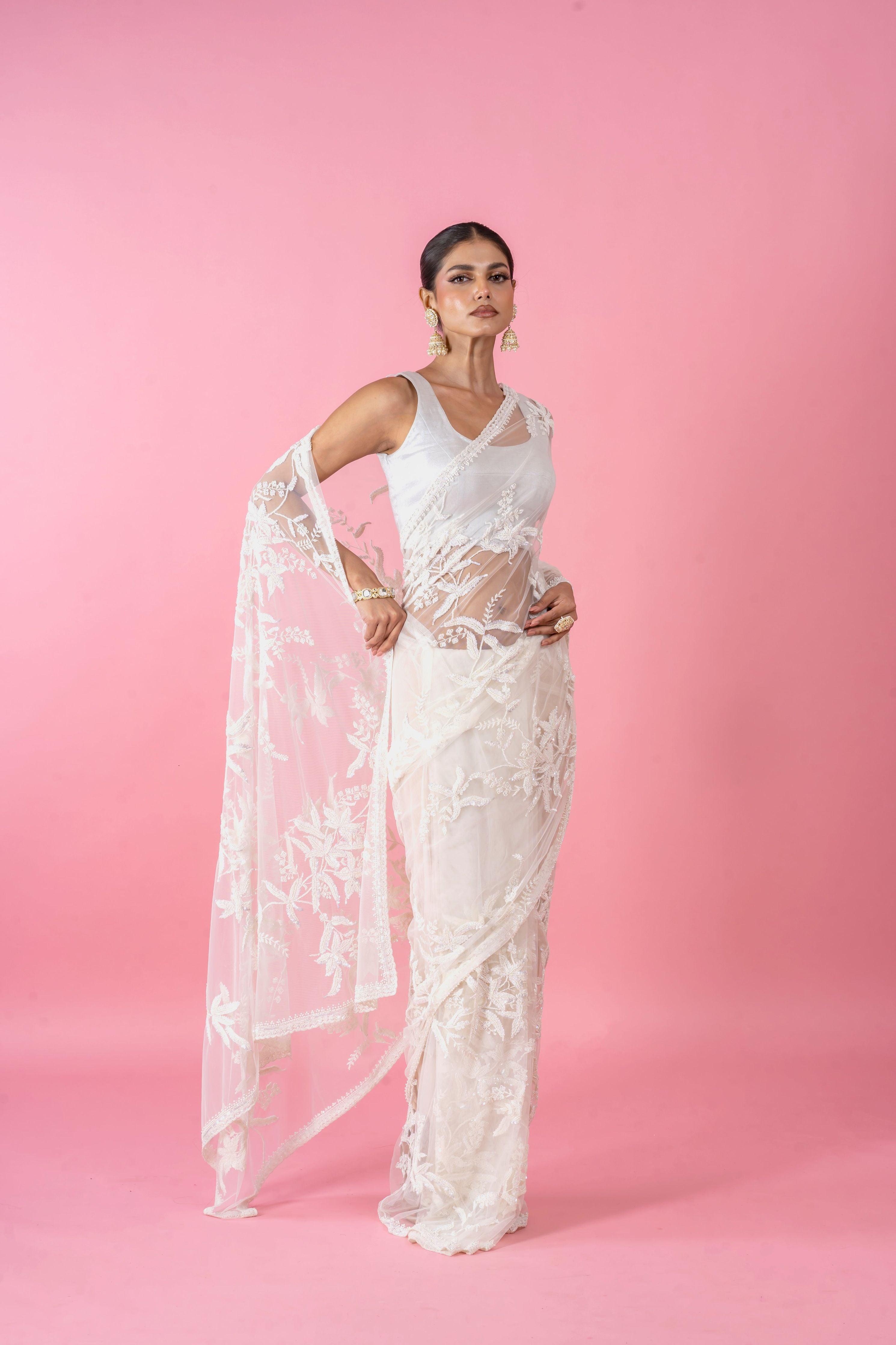 White Net Saree with Pearl and Sequins Embroidery - Mokshaa