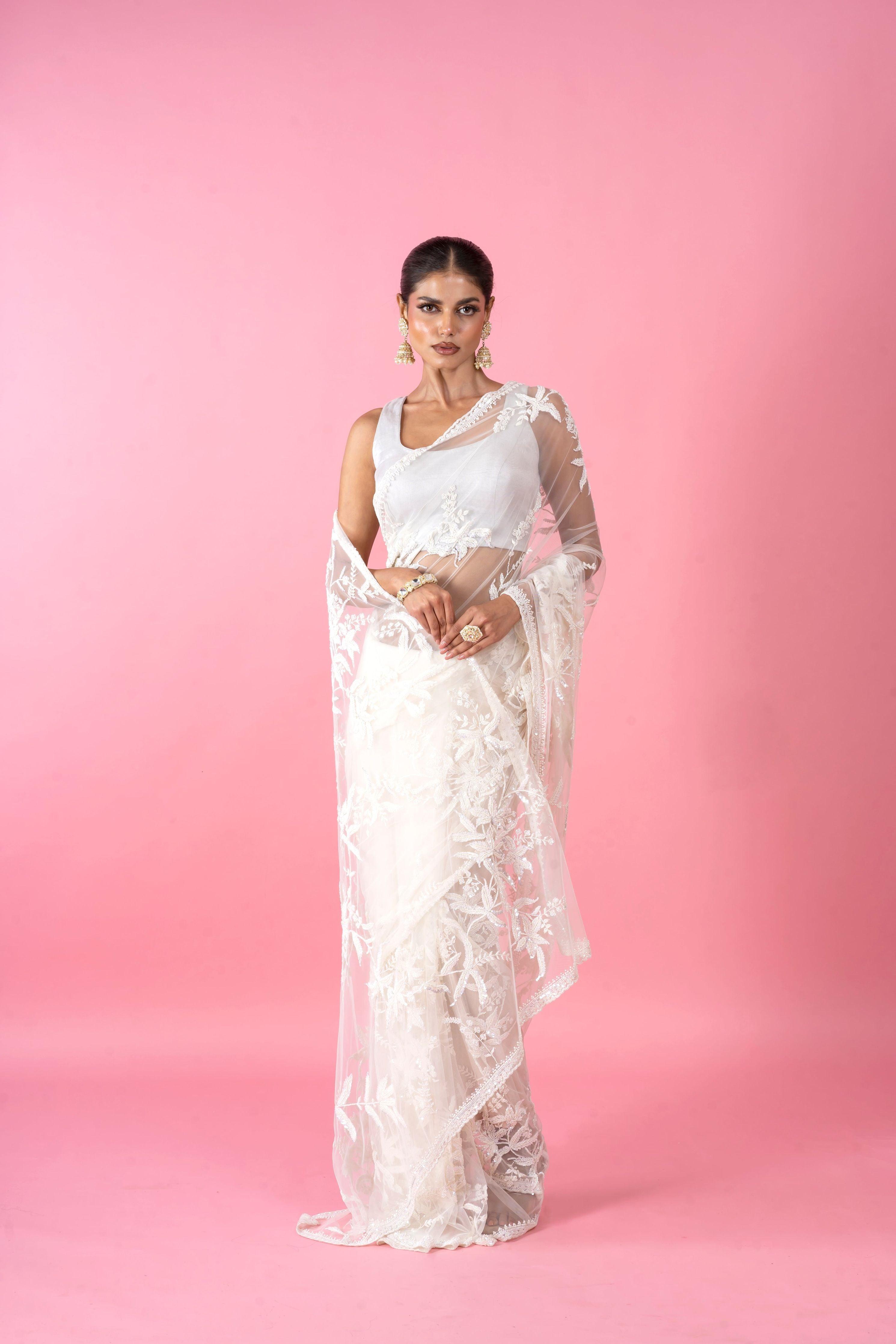 White Net Saree with Pearl and Sequins Embroidery - Mokshaa