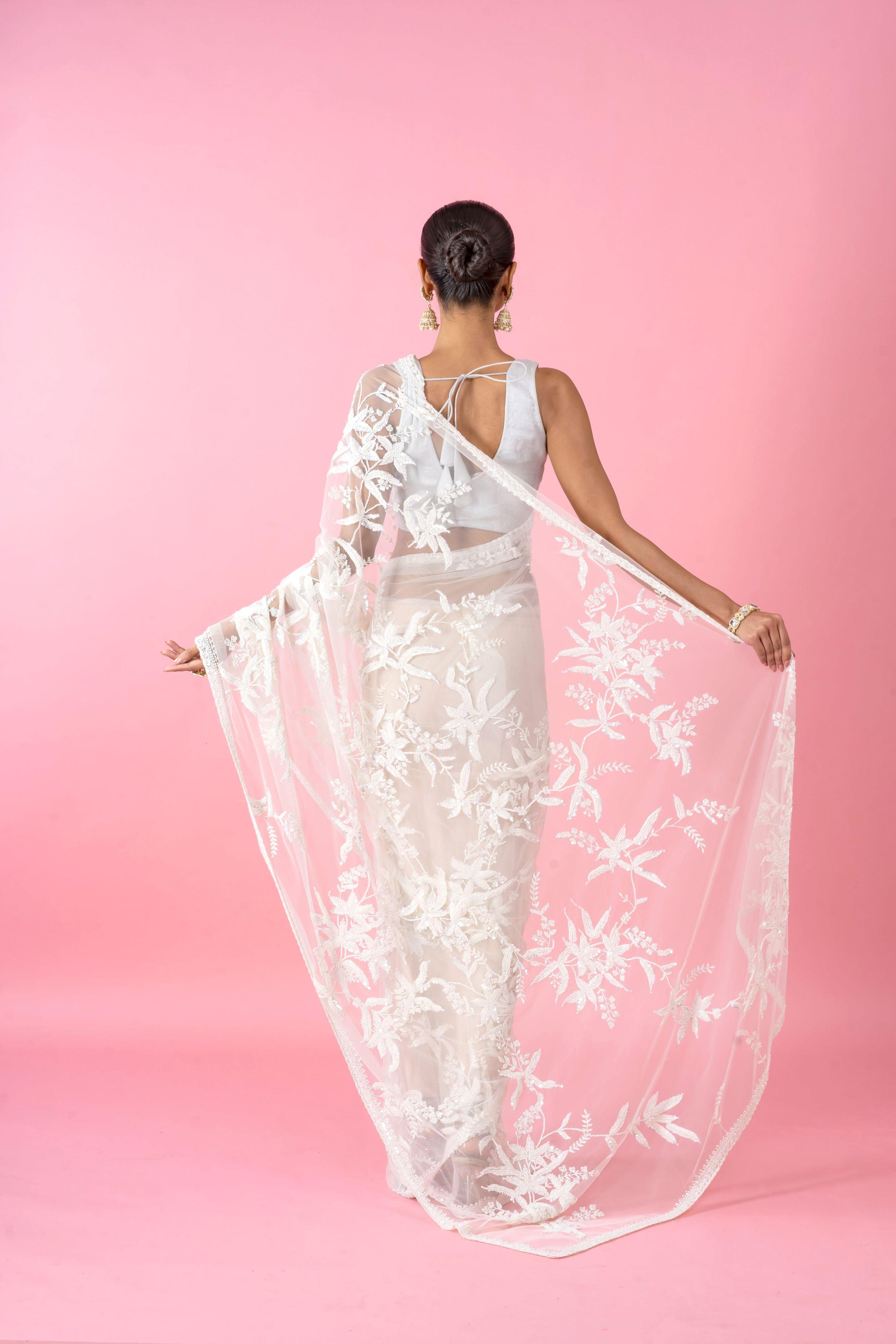 White Net Saree with Pearl and Sequins Embroidery - Mokshaa
