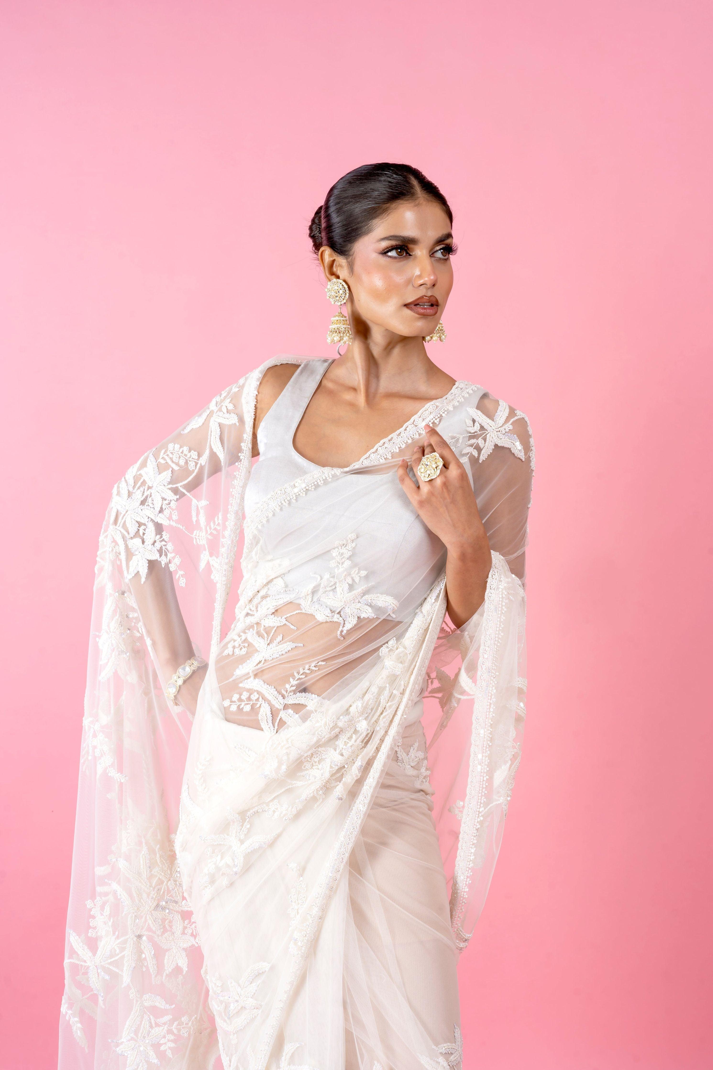 White Net Saree with Pearl and Sequins Embroidery - Mokshaa