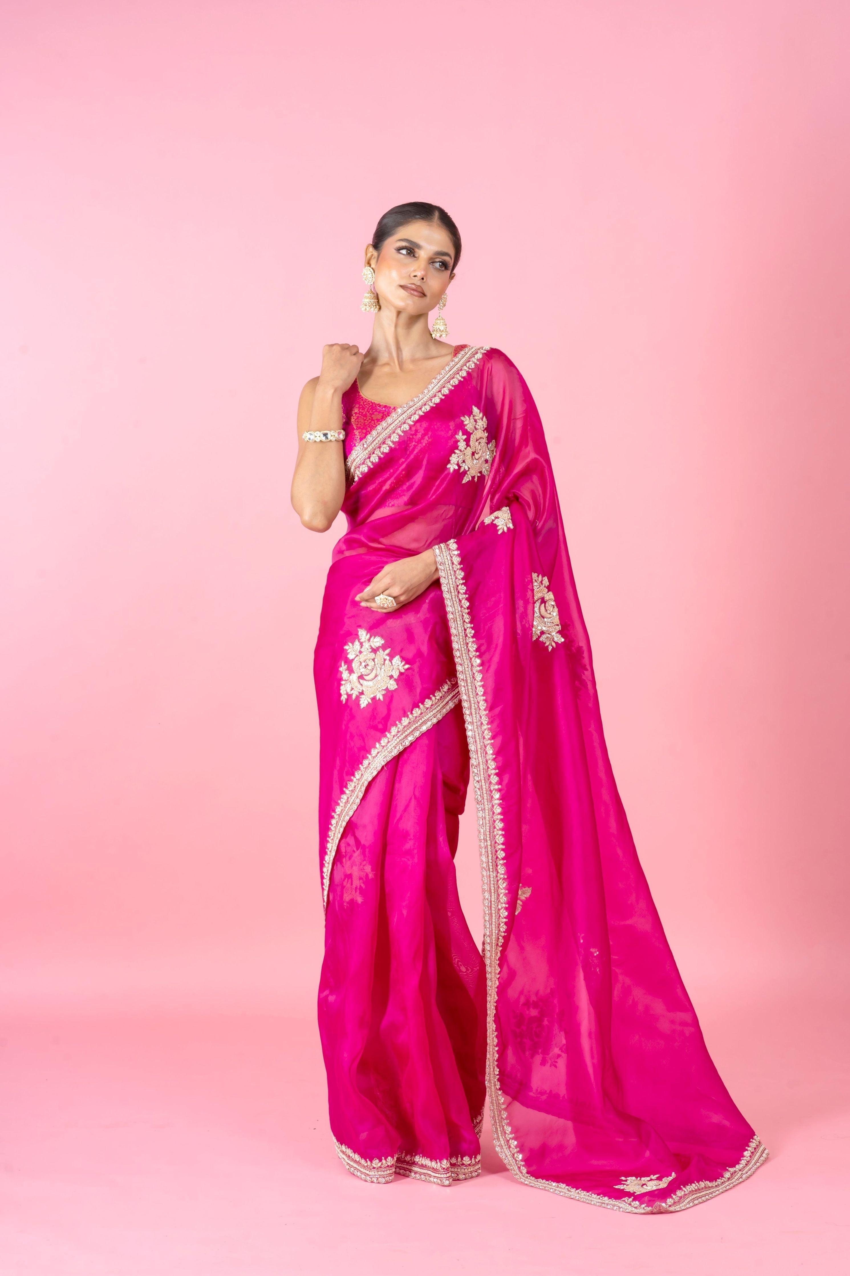 Bright Magenta Organza Saree with Zari Border and Intricate Floral Work - Mokshaa