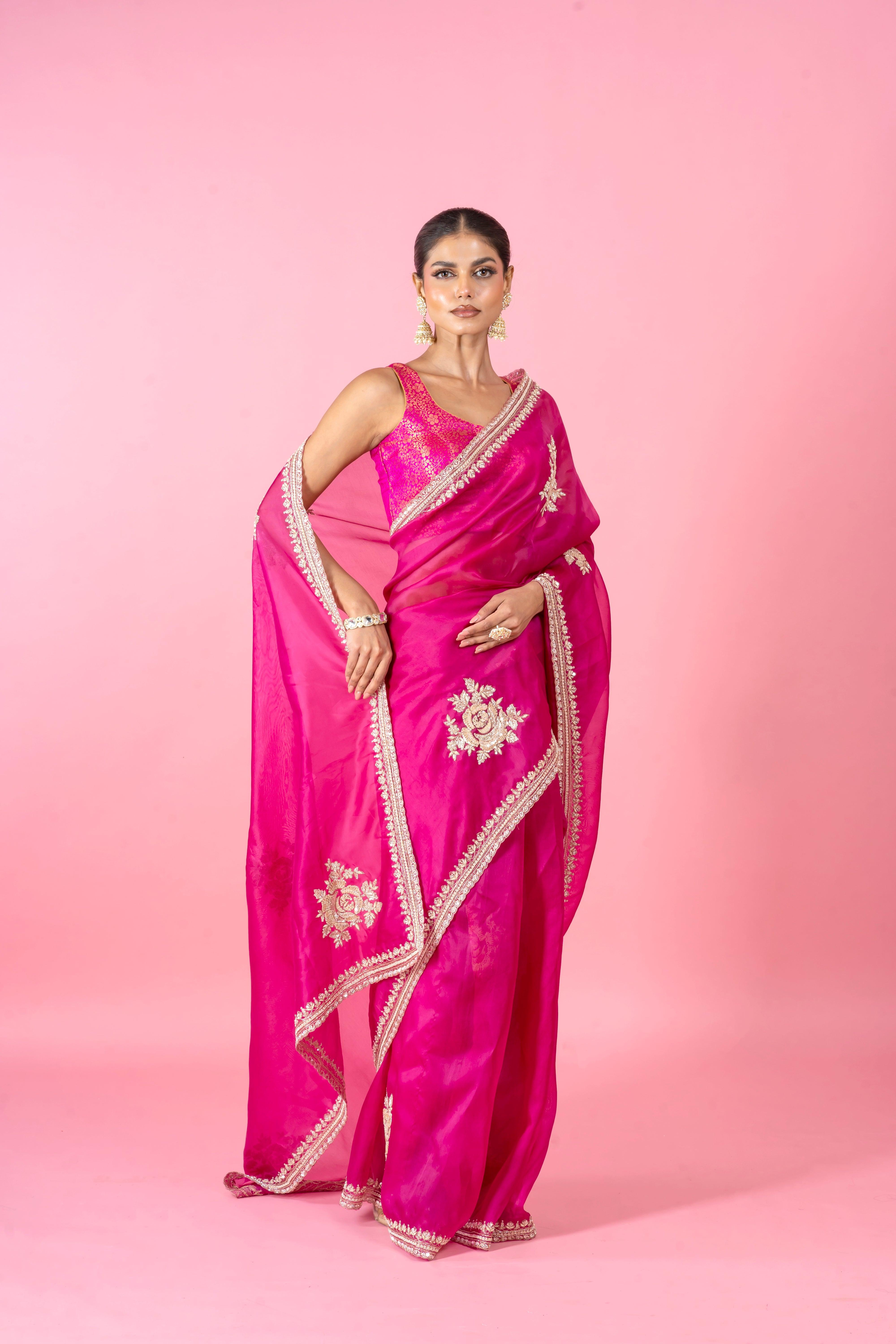 Bright Magenta Organza Saree with Zari Border and Intricate Floral Work - Mokshaa