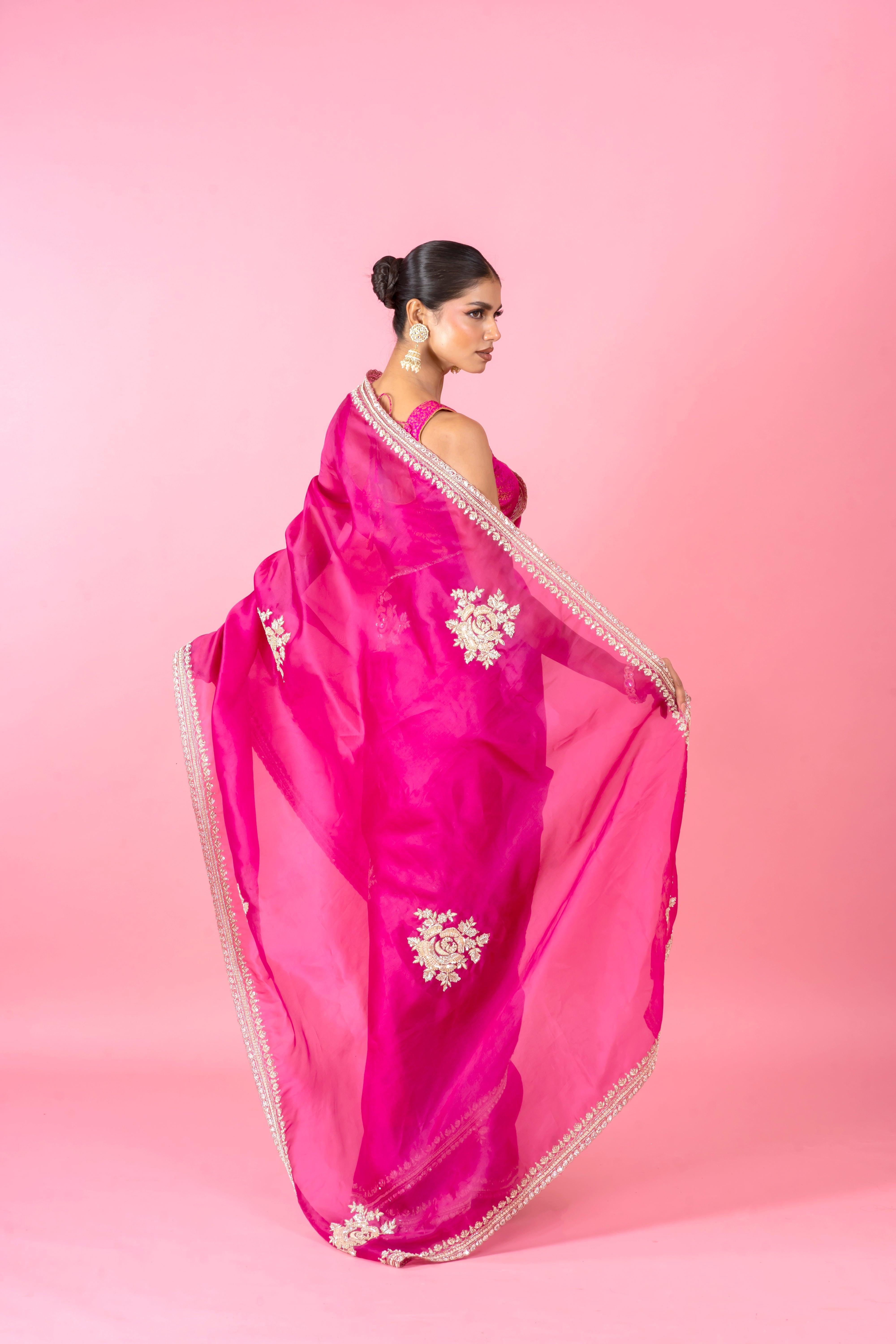 Bright Magenta Organza Saree with Zari Border and Intricate Floral Work - Mokshaa