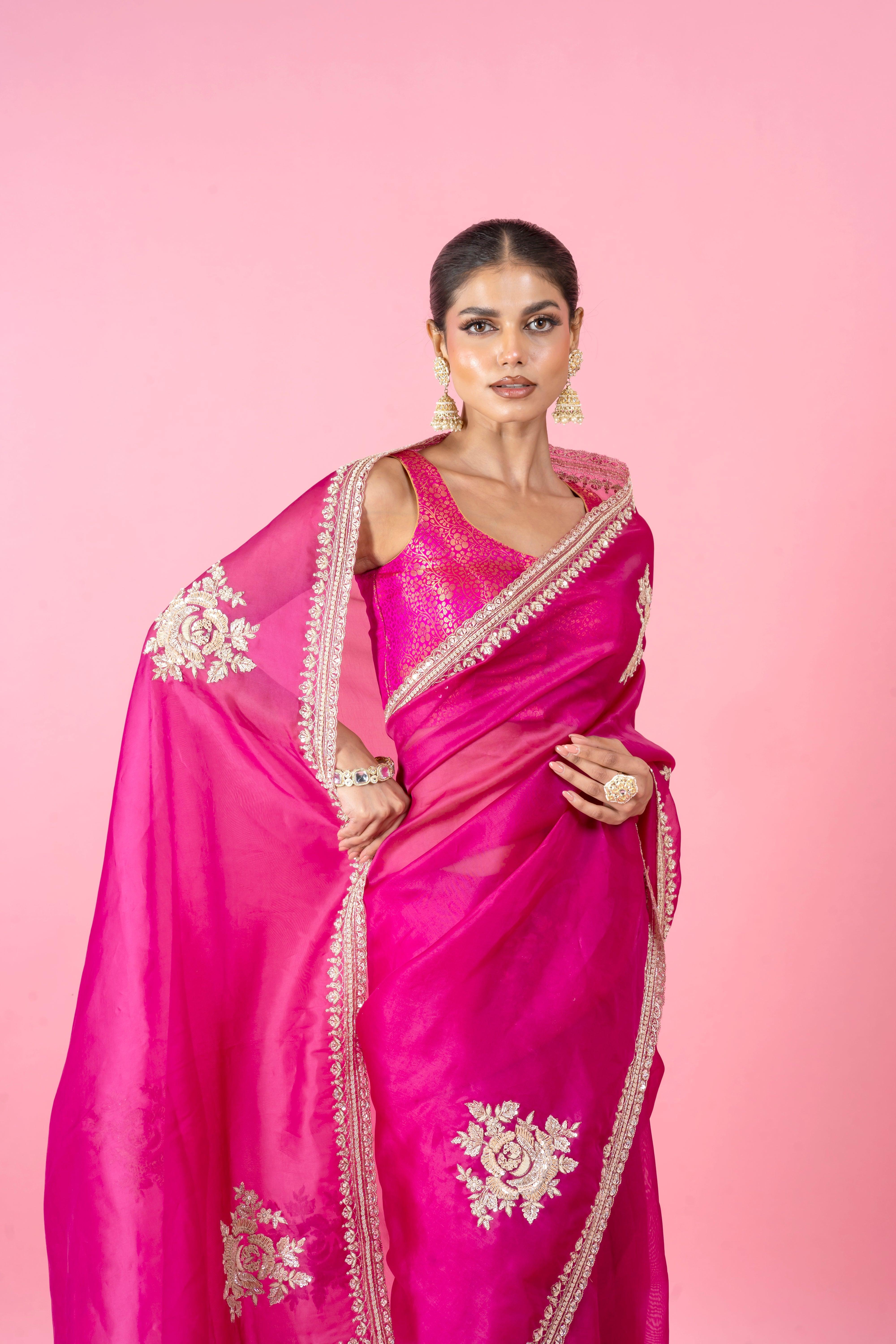 Bright Magenta Organza Saree with Zari Border and Intricate Floral Work - Mokshaa