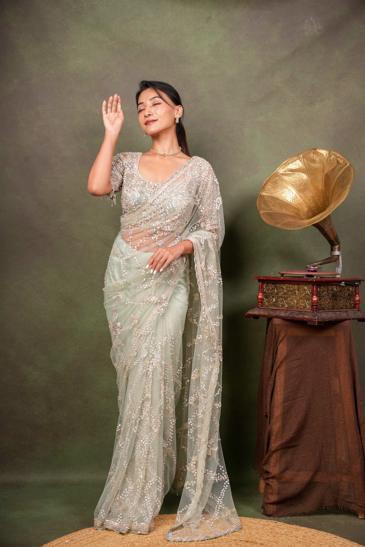 Mint Green Net Saree
