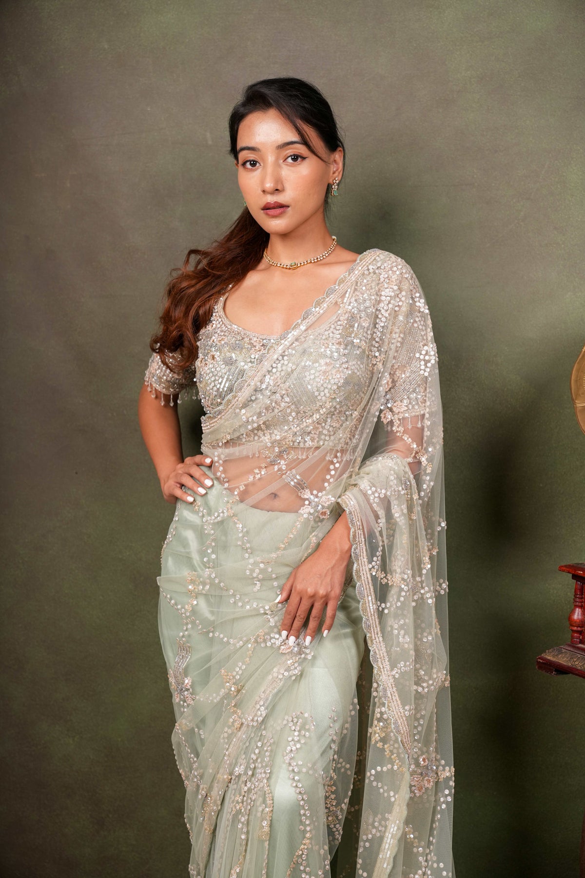 Mint Green Net Saree