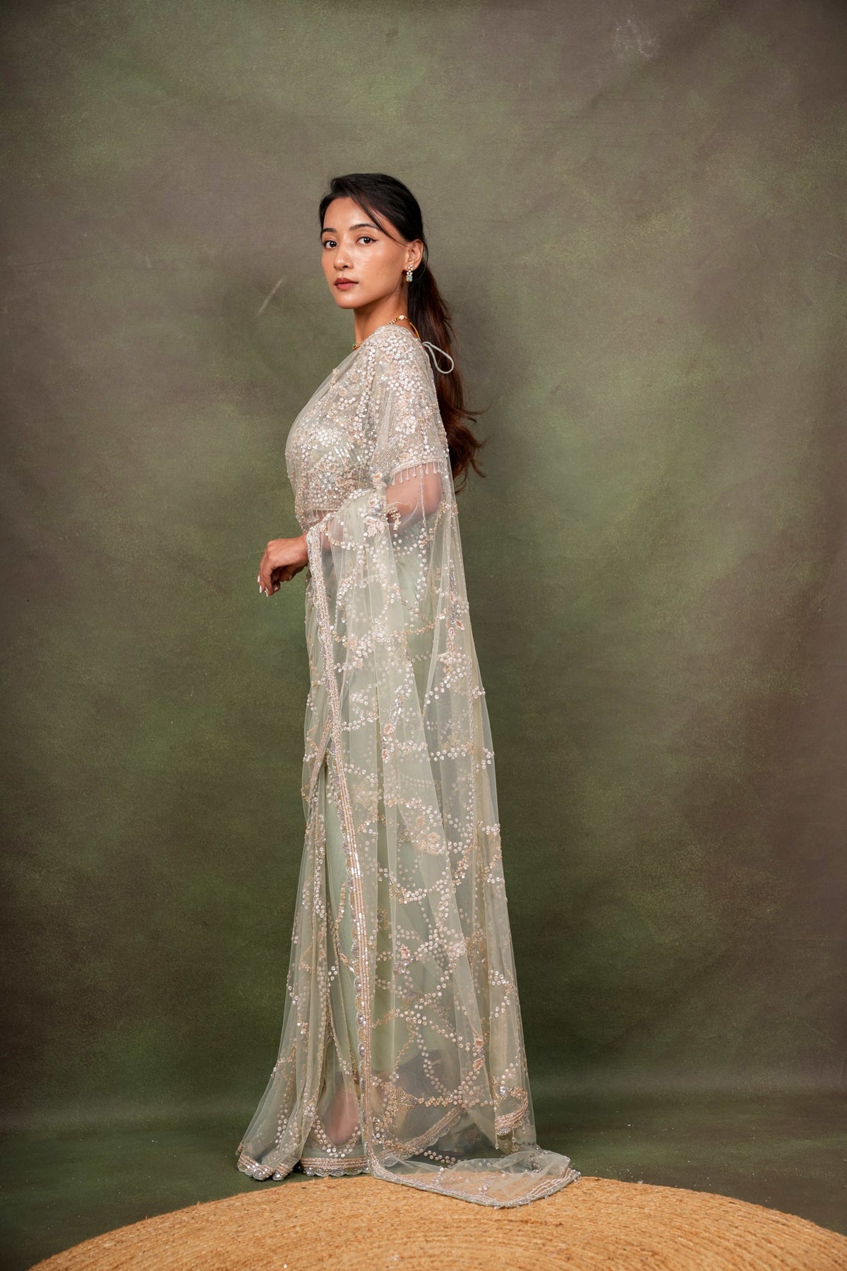 Mint Green Net Saree