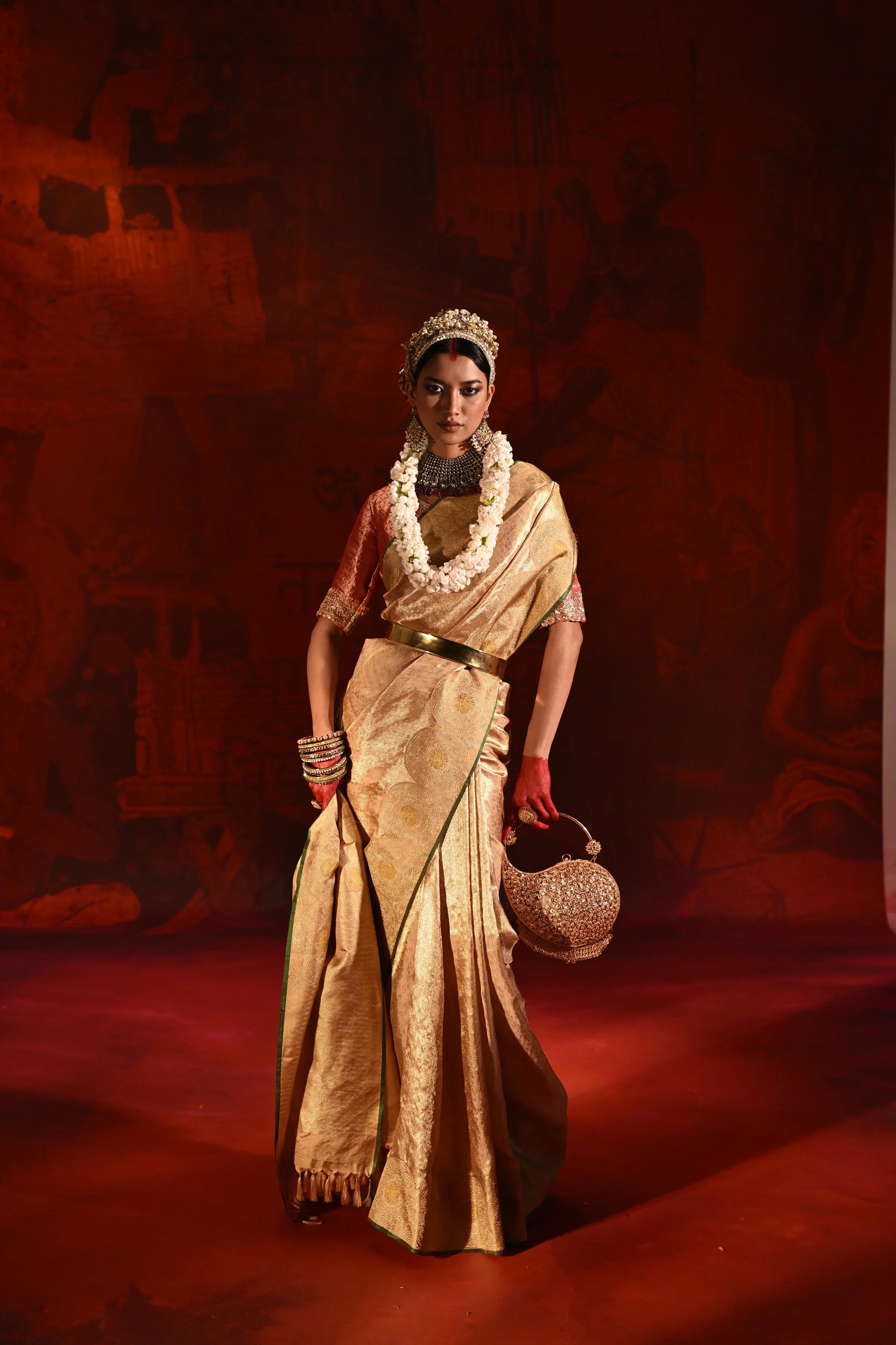 Beige Gold Kanchivaram Tissue Silk Saree with All-Over Zari Weaving - Mokshaa