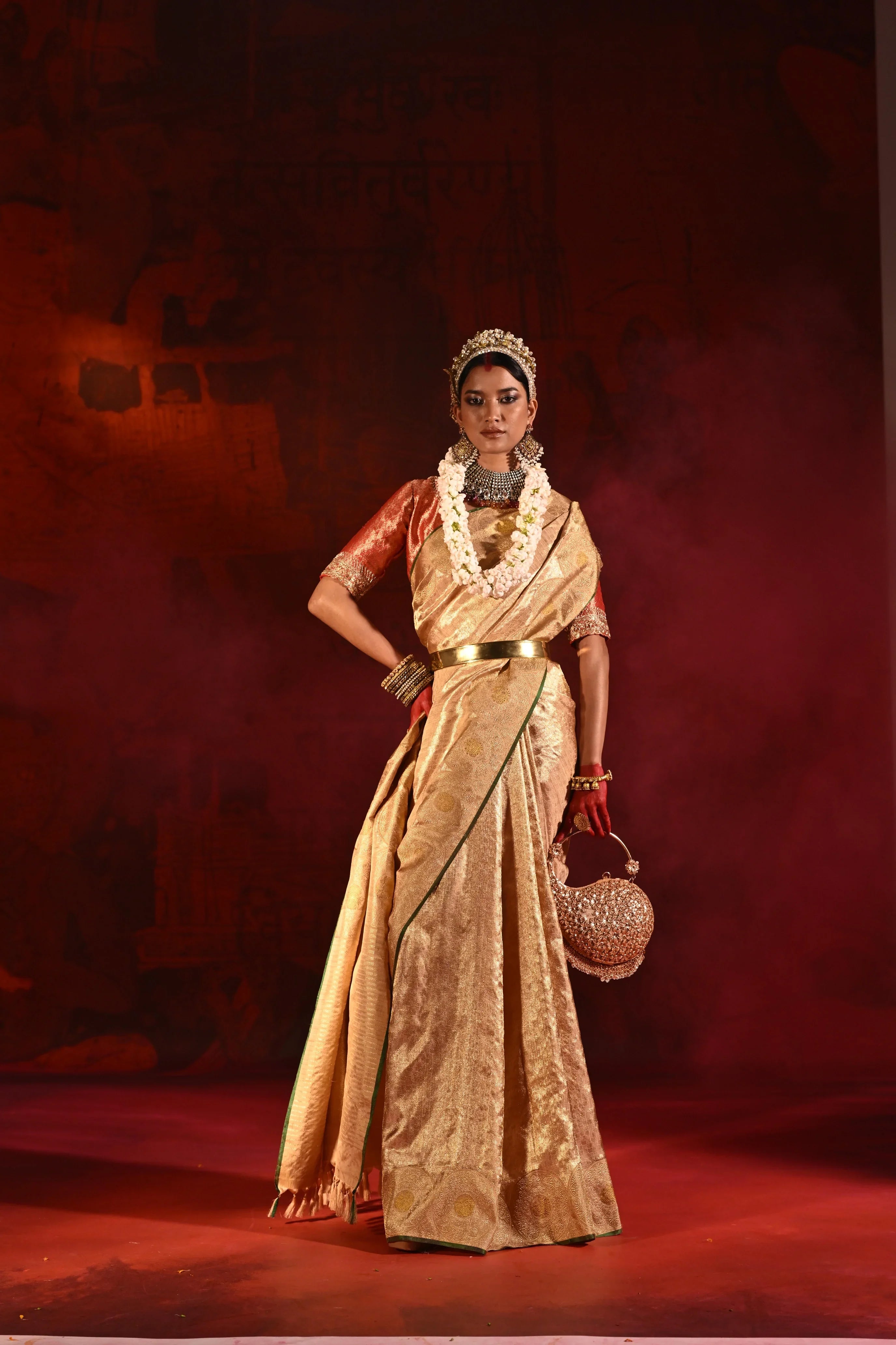 Beige Gold Kanchivaram Tissue Silk Saree with All-Over Zari Weaving - Mokshaa