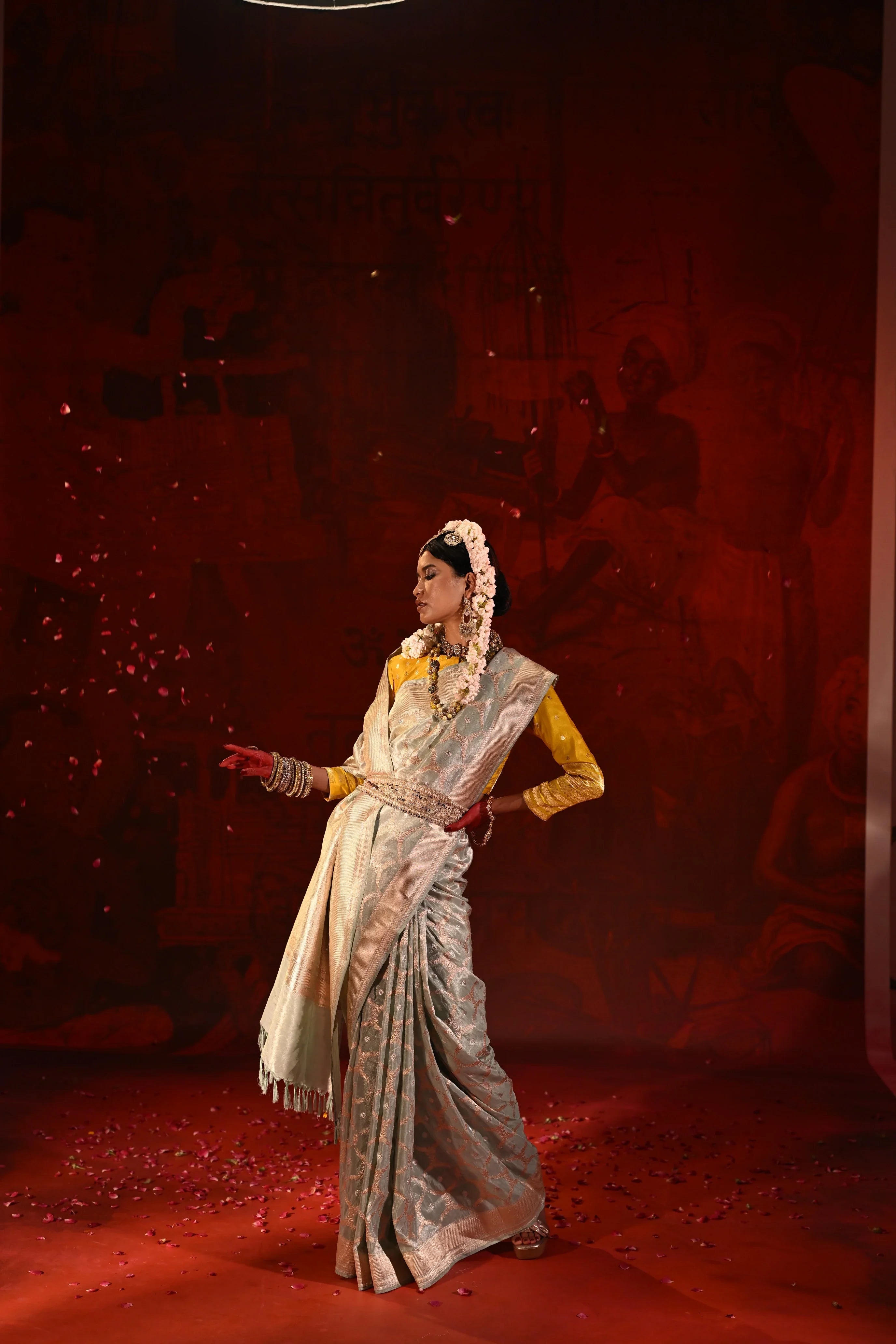 Ice Blue Banarasi Tissue Silk Saree with Geometric Zari Motifs - Mokshaa