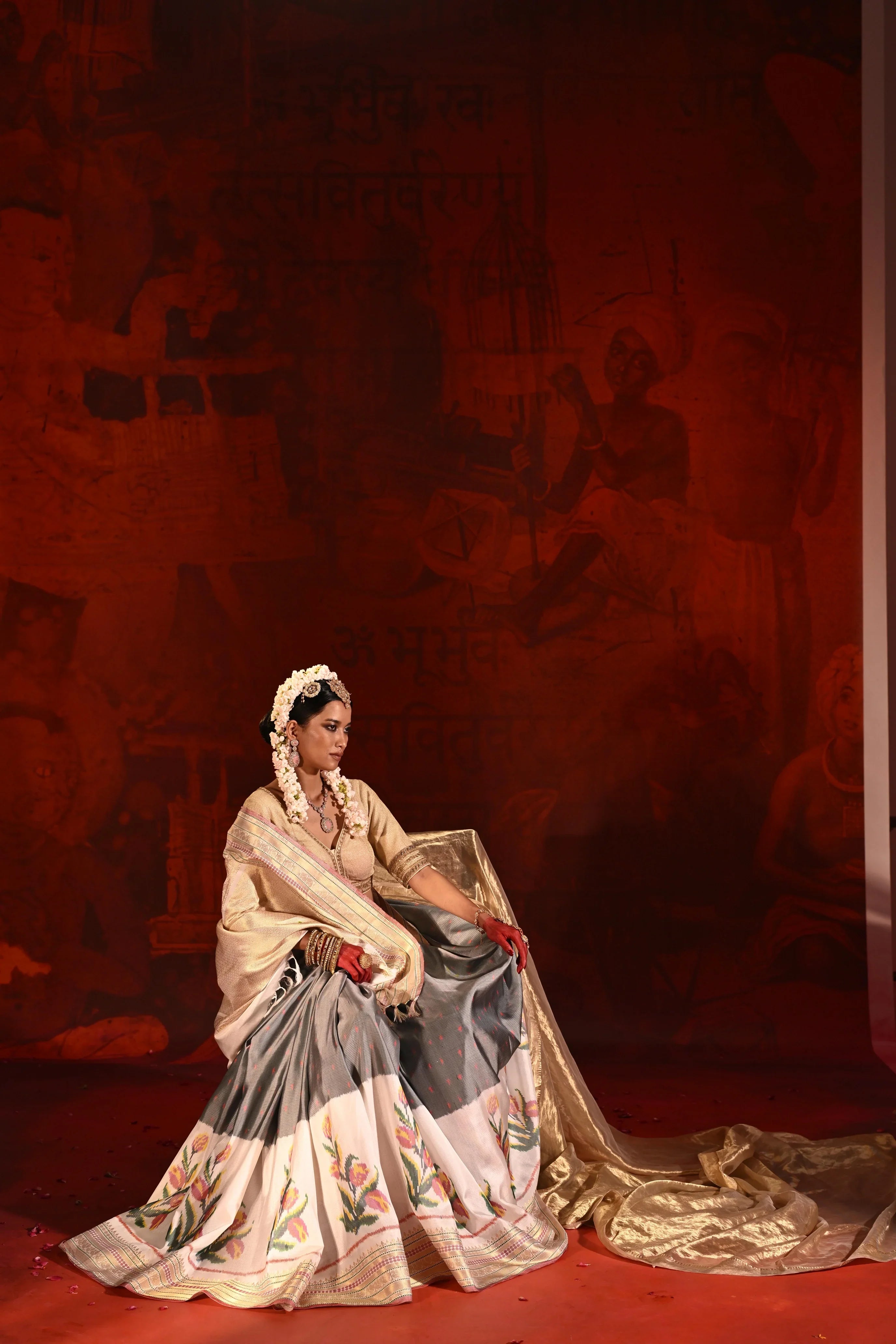 Grey & White Twill Silk Saree with Patola Weaving & Brocade Blouse - Mokshaa