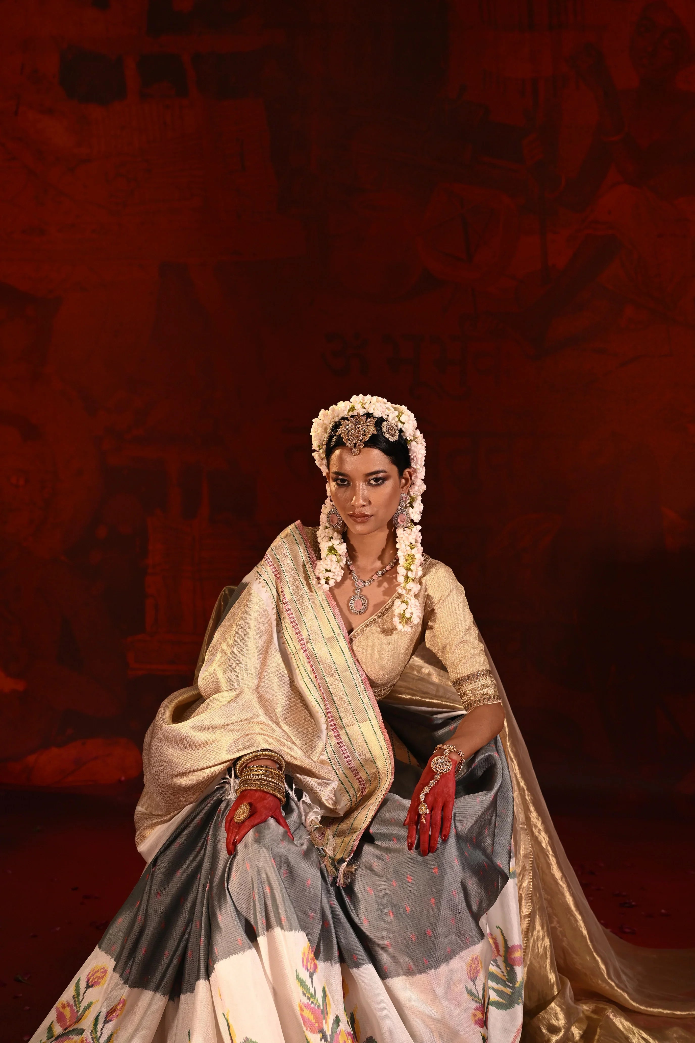 Grey & White Twill Silk Saree with Patola Weaving & Brocade Blouse - Mokshaa