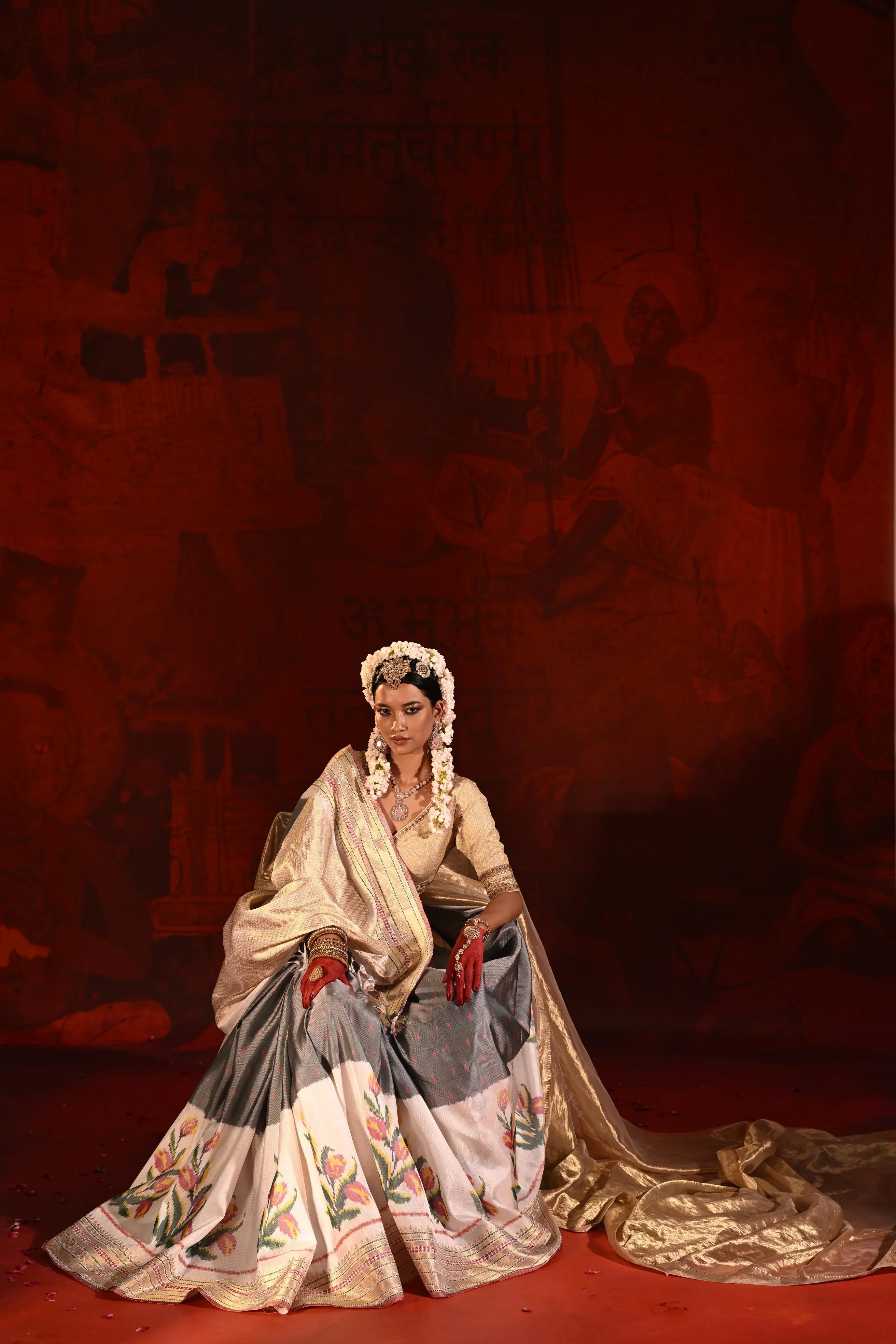 Grey & White Twill Silk Saree with Patola Weaving & Brocade Blouse - Mokshaa