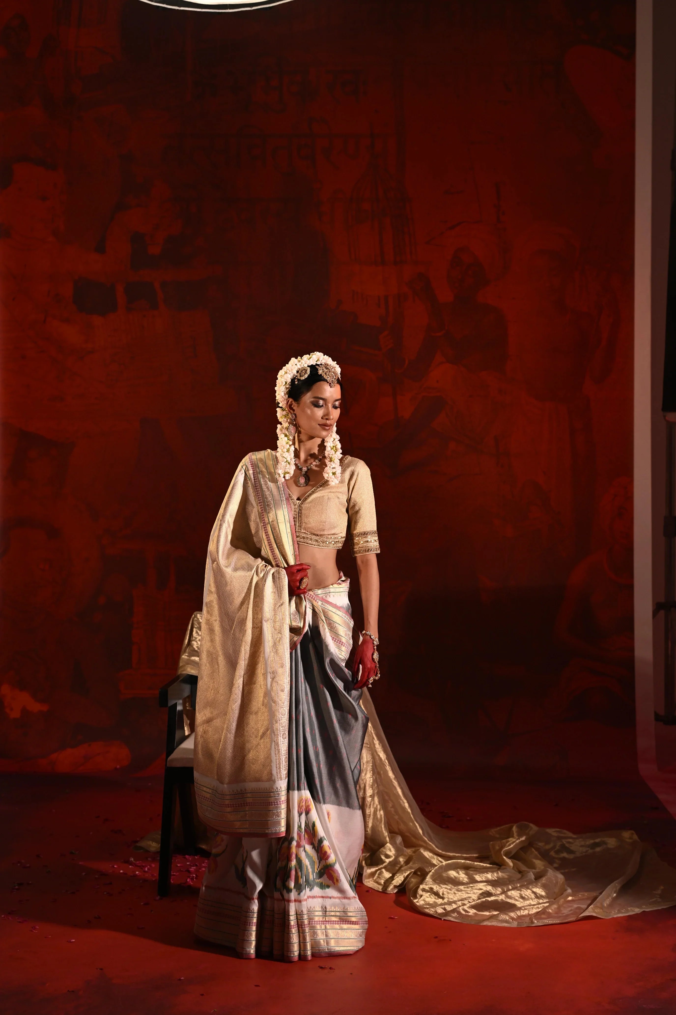 Grey & White Twill Silk Saree with Patola Weaving & Brocade Blouse - Mokshaa