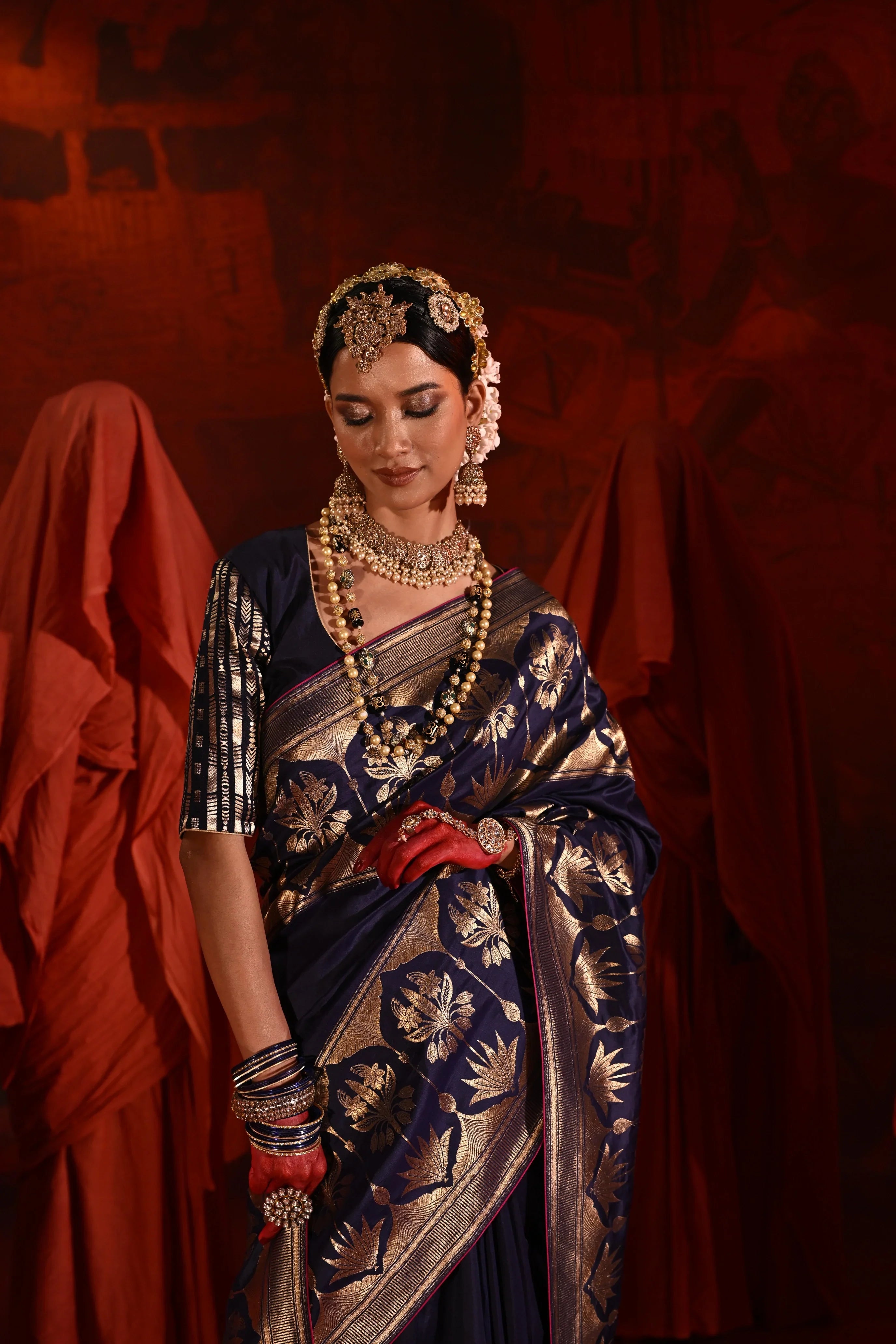 Midnight Blue Silk Saree with Golden Zari Weaving Border - Mokshaa