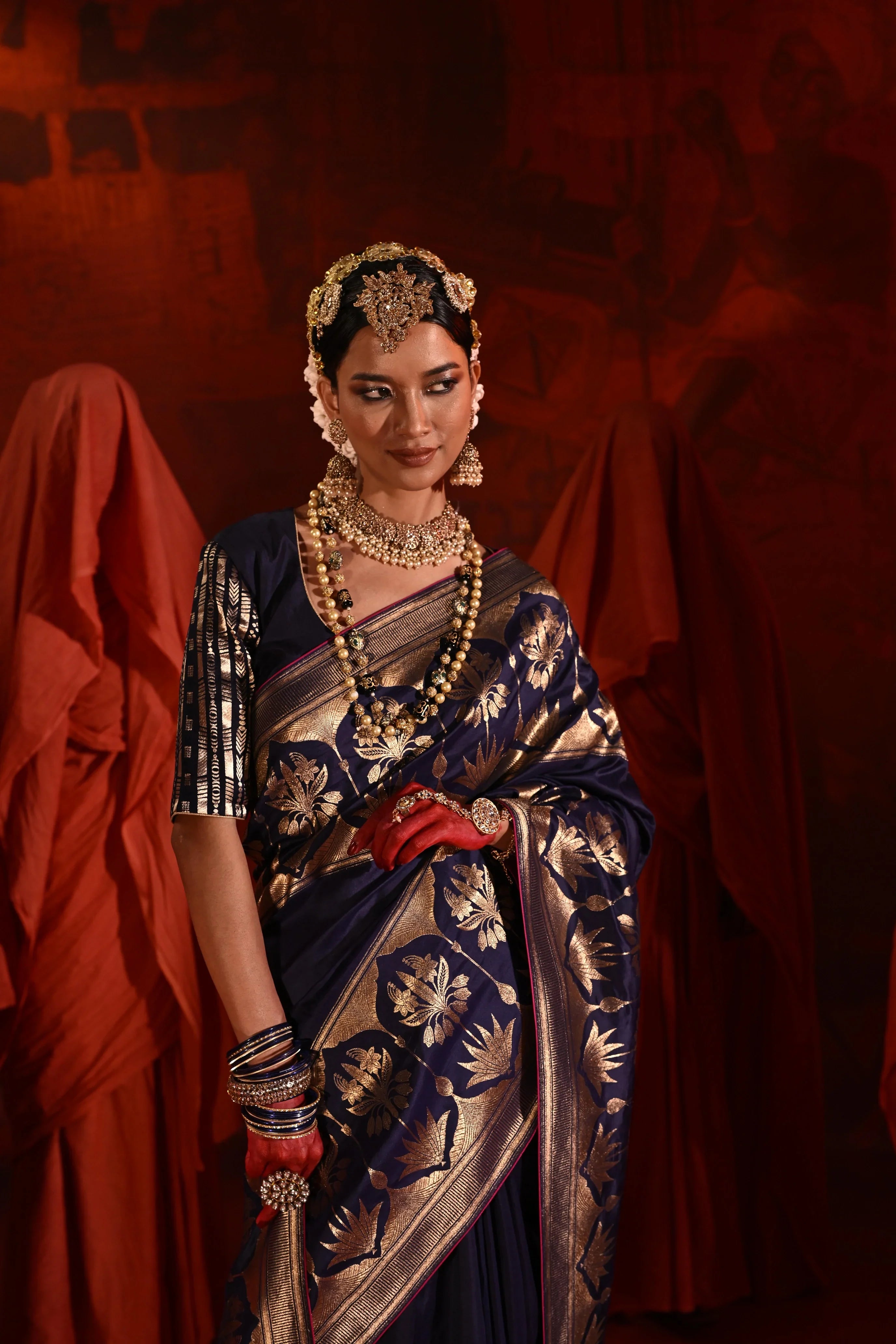 Midnight Blue Silk Saree with Golden Zari Weaving Border - Mokshaa