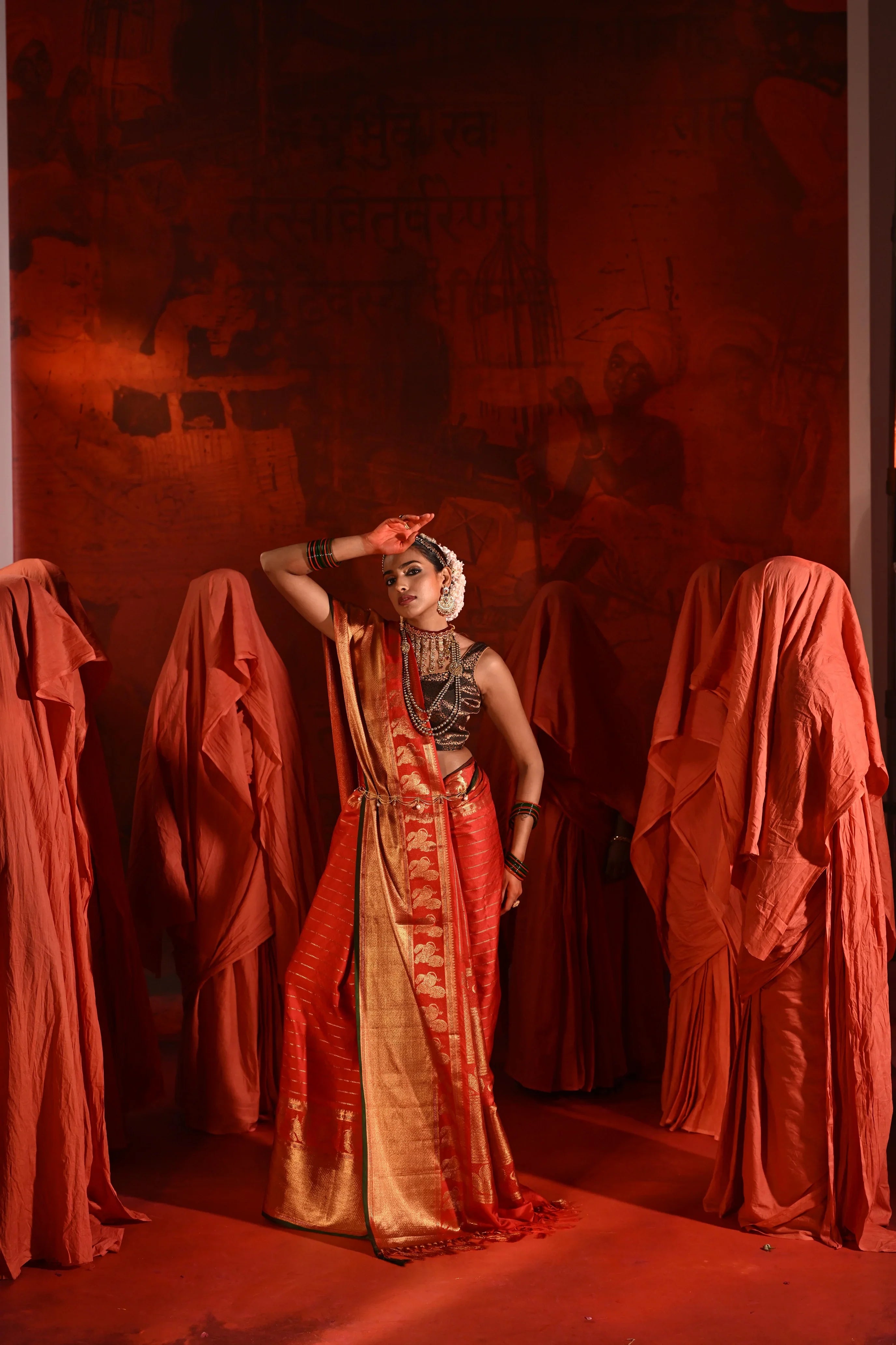 Bright Red Twill Silk Saree with Zari Stripes & Motifs Border - Mokshaa