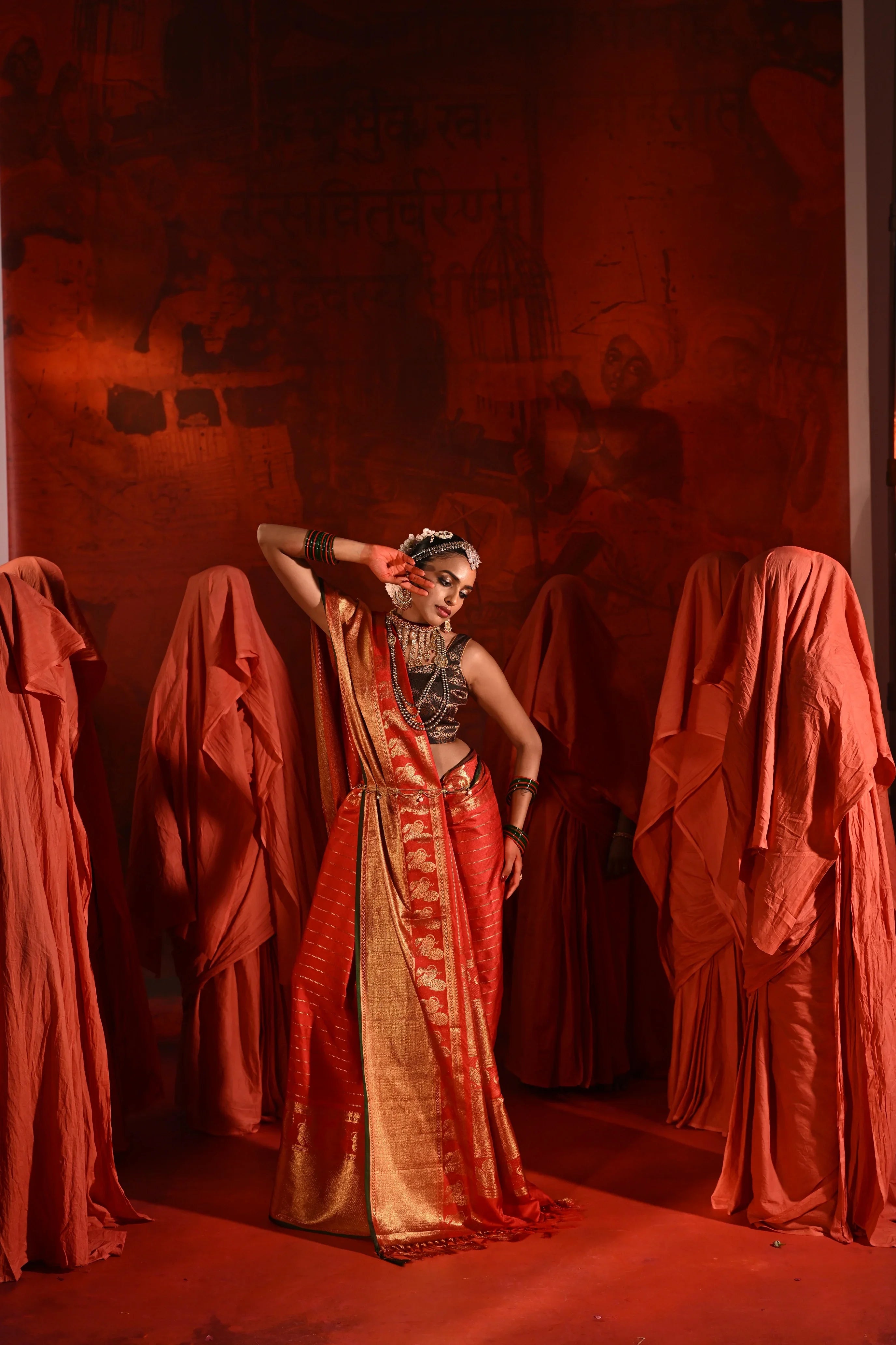 Bright Red Twill Silk Saree with Zari Stripes & Motifs Border - Mokshaa