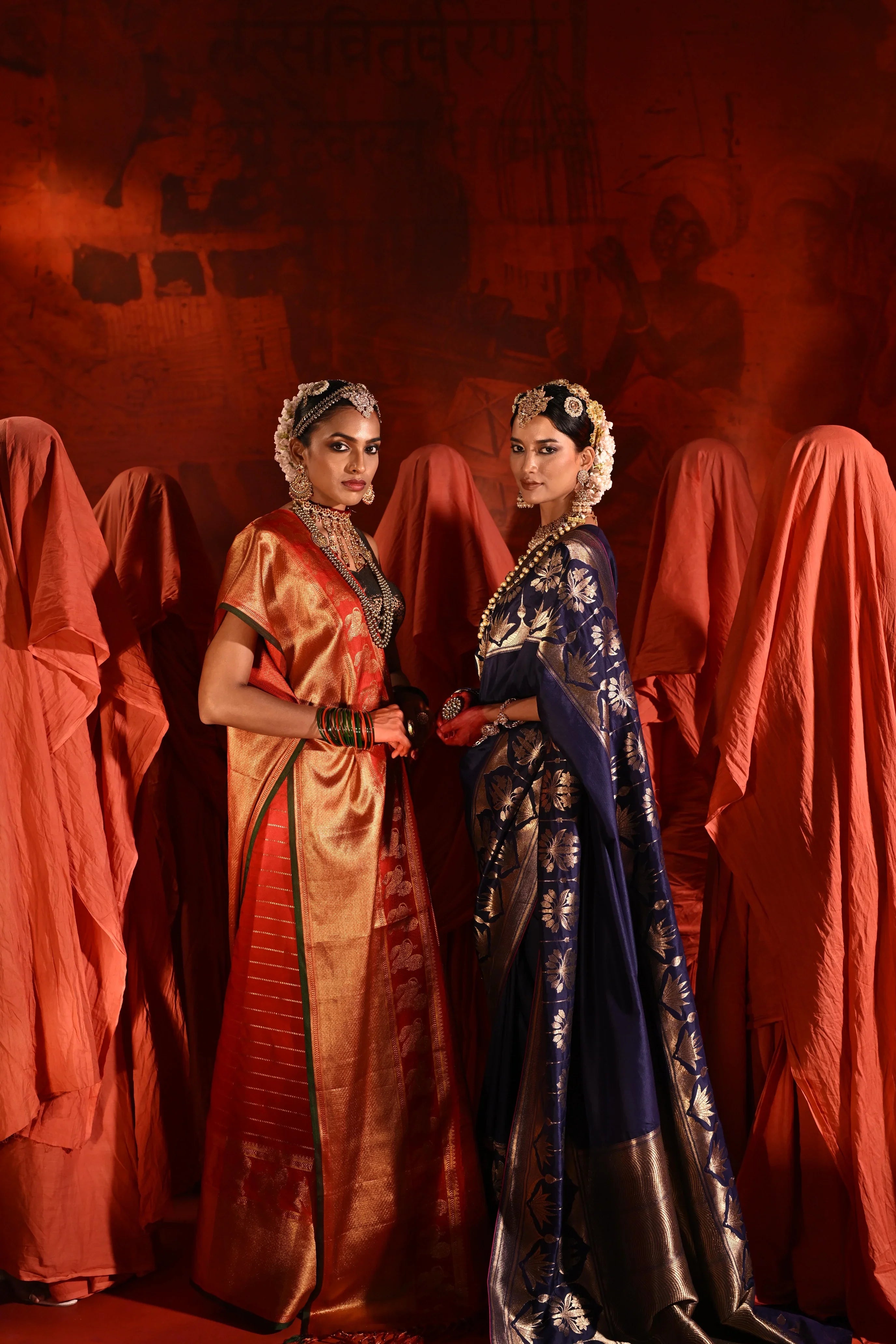 Bright Red Twill Silk Saree with Zari Stripes & Motifs Border - Mokshaa