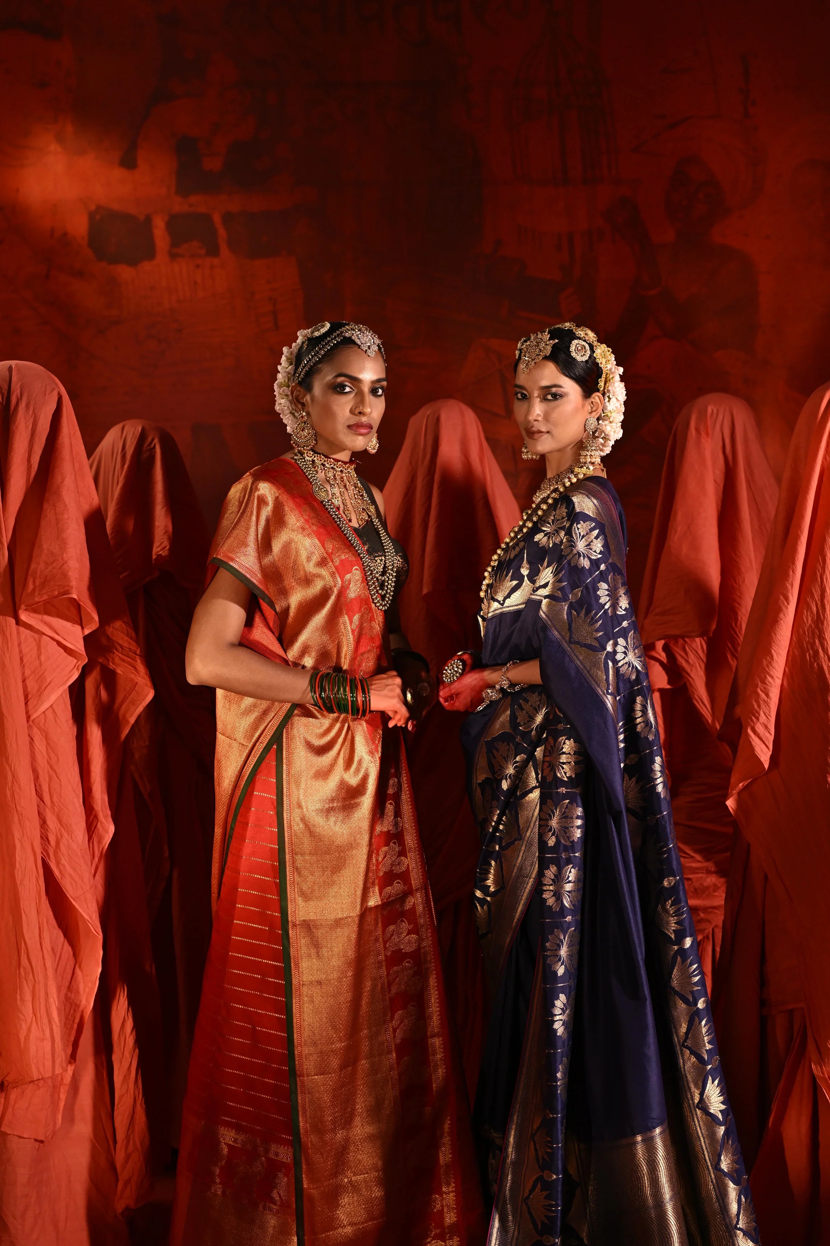 Bright Red Twill Silk Saree with Zari Stripes & Motifs Border - Mokshaa