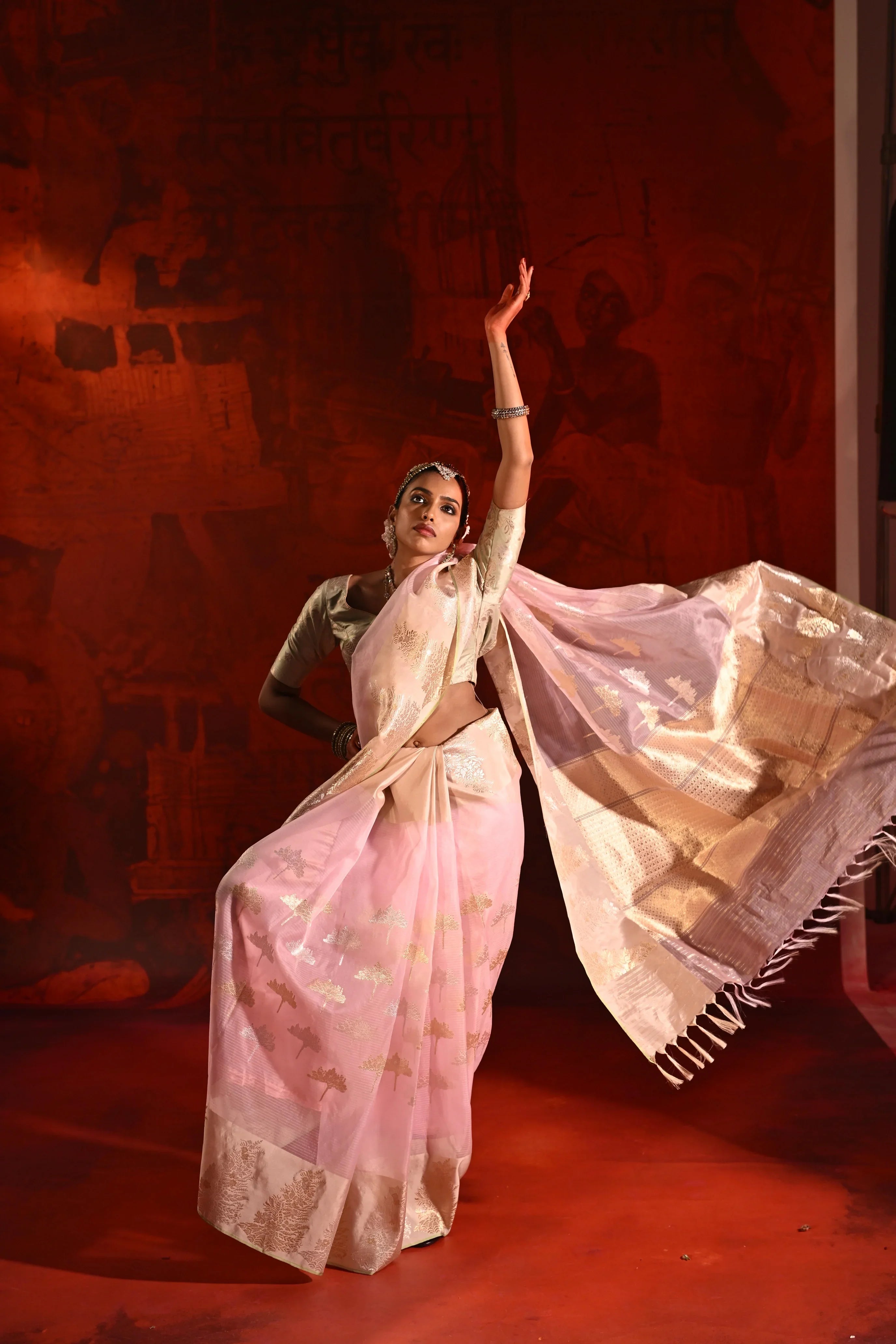 Rose Pink Kora Silk Saree with Zari Butta & Silk Motif Border - Mokshaa