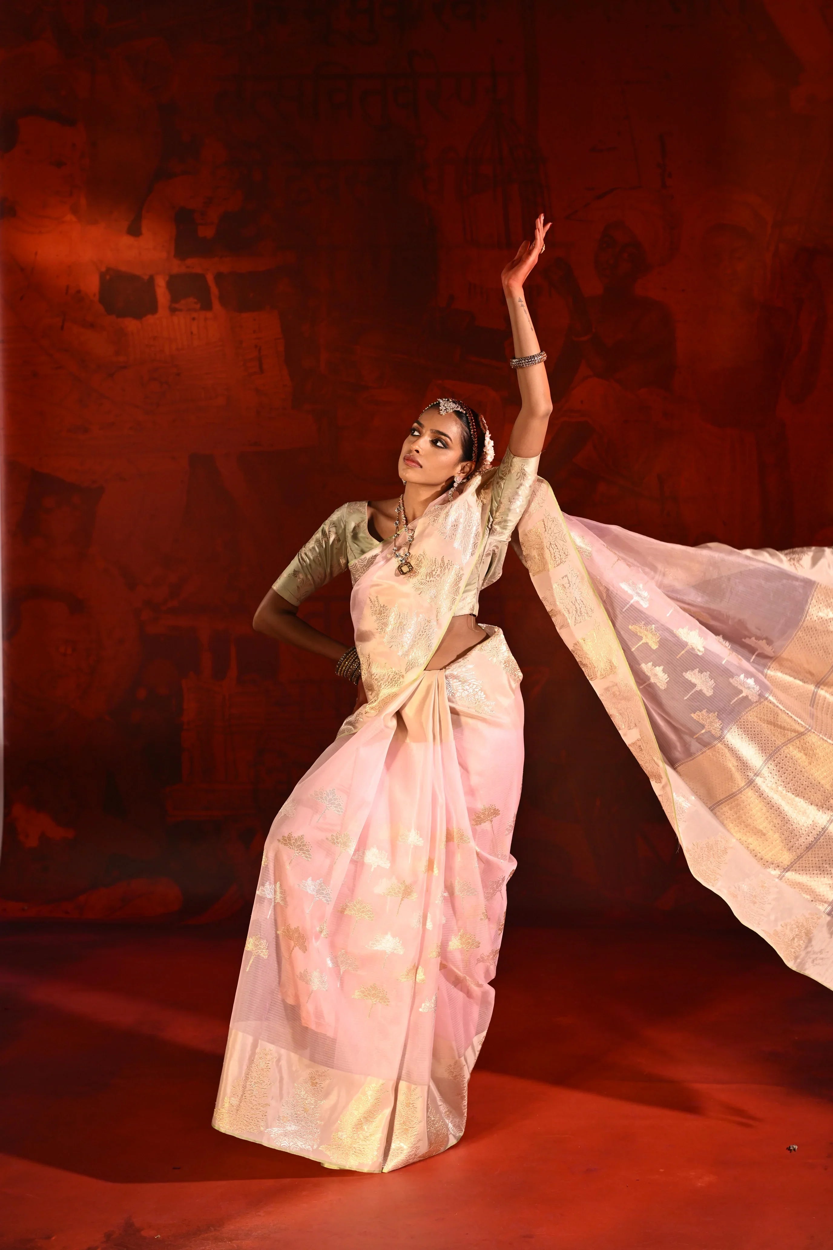 Rose Pink Kora Silk Saree with Zari Butta & Silk Motif Border - Mokshaa
