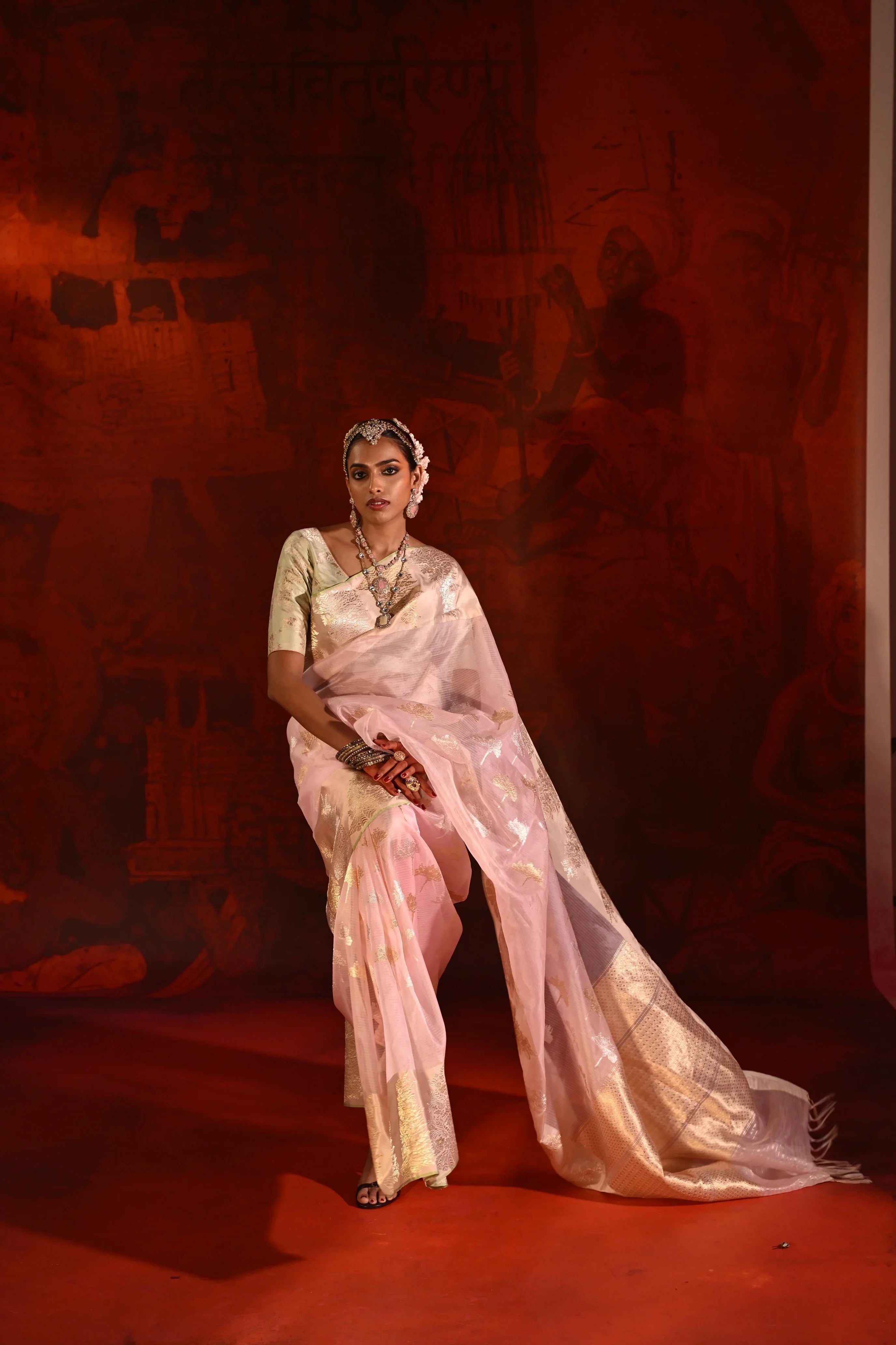 Rose Pink Kora Silk Saree with Zari Butta & Silk Motif Border - Mokshaa