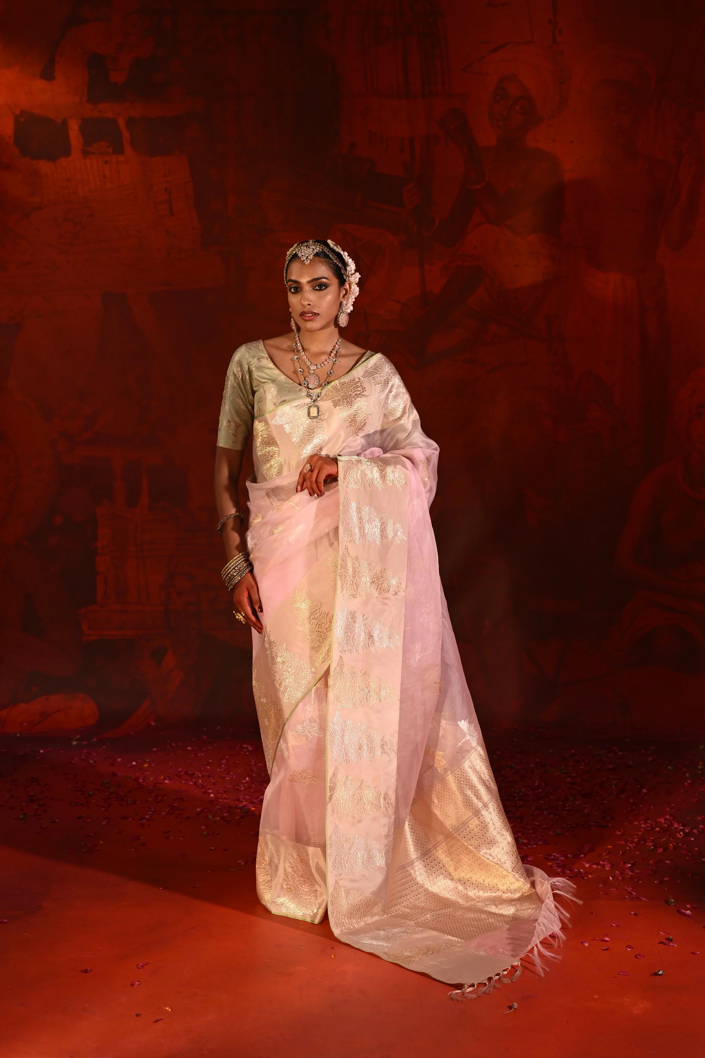 Rose Pink Kora Silk Saree with Zari Butta & Silk Motif Border - Mokshaa