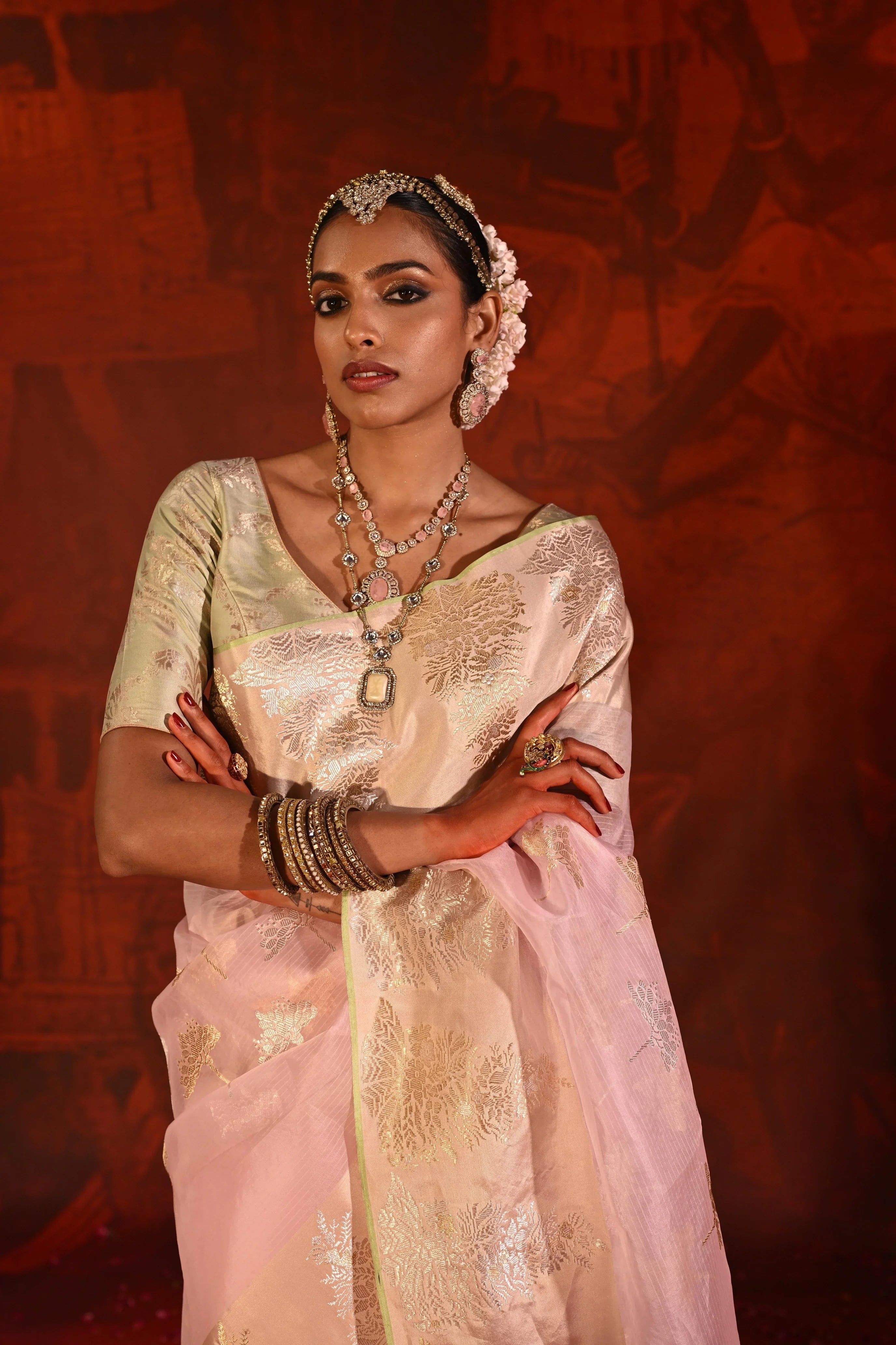 Rose Pink Kora Silk Saree with Zari Butta & Silk Motif Border - Mokshaa