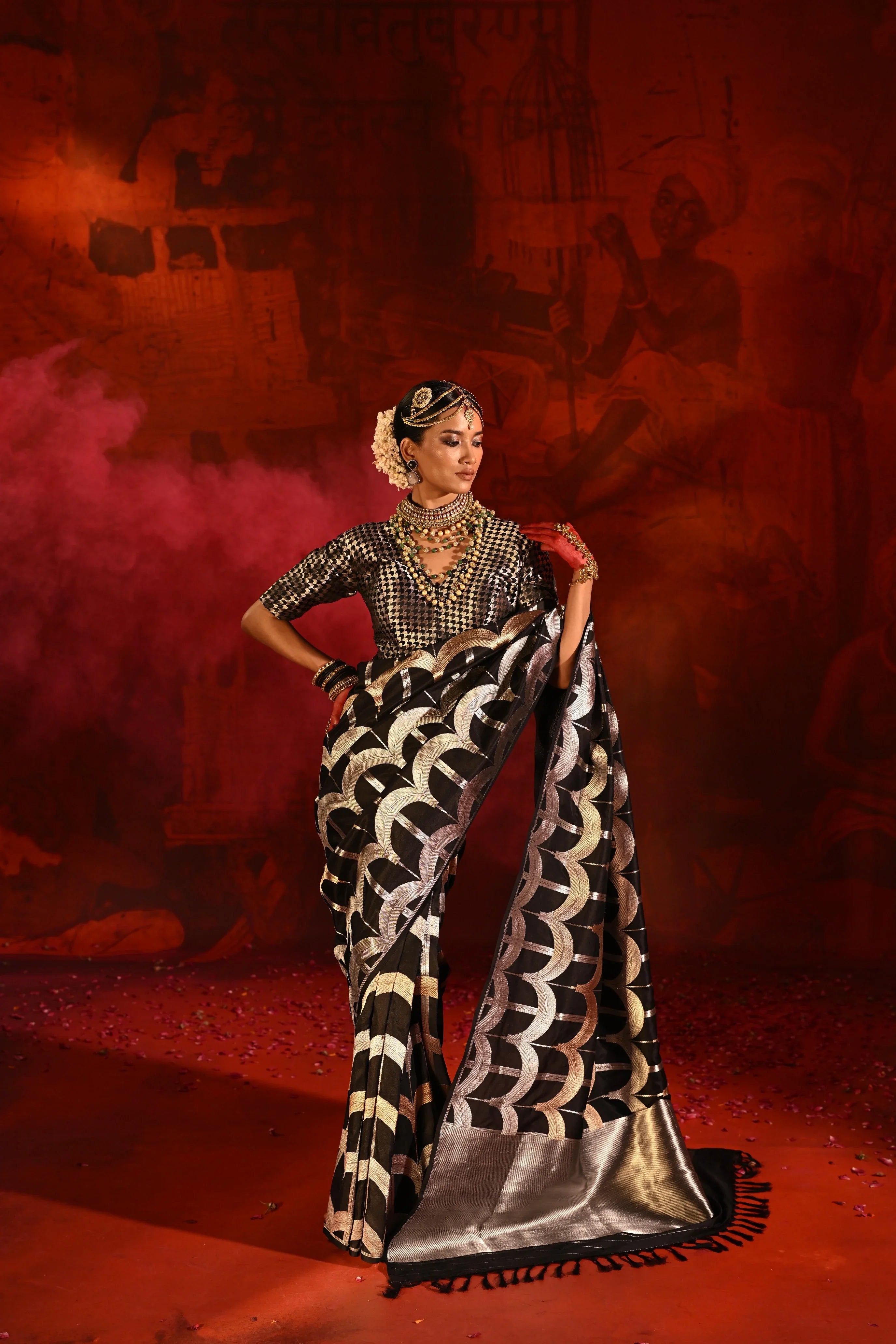 Black Banarasi Silk Saree with Golden-Silver Geometric Zari Weaving - Mokshaa