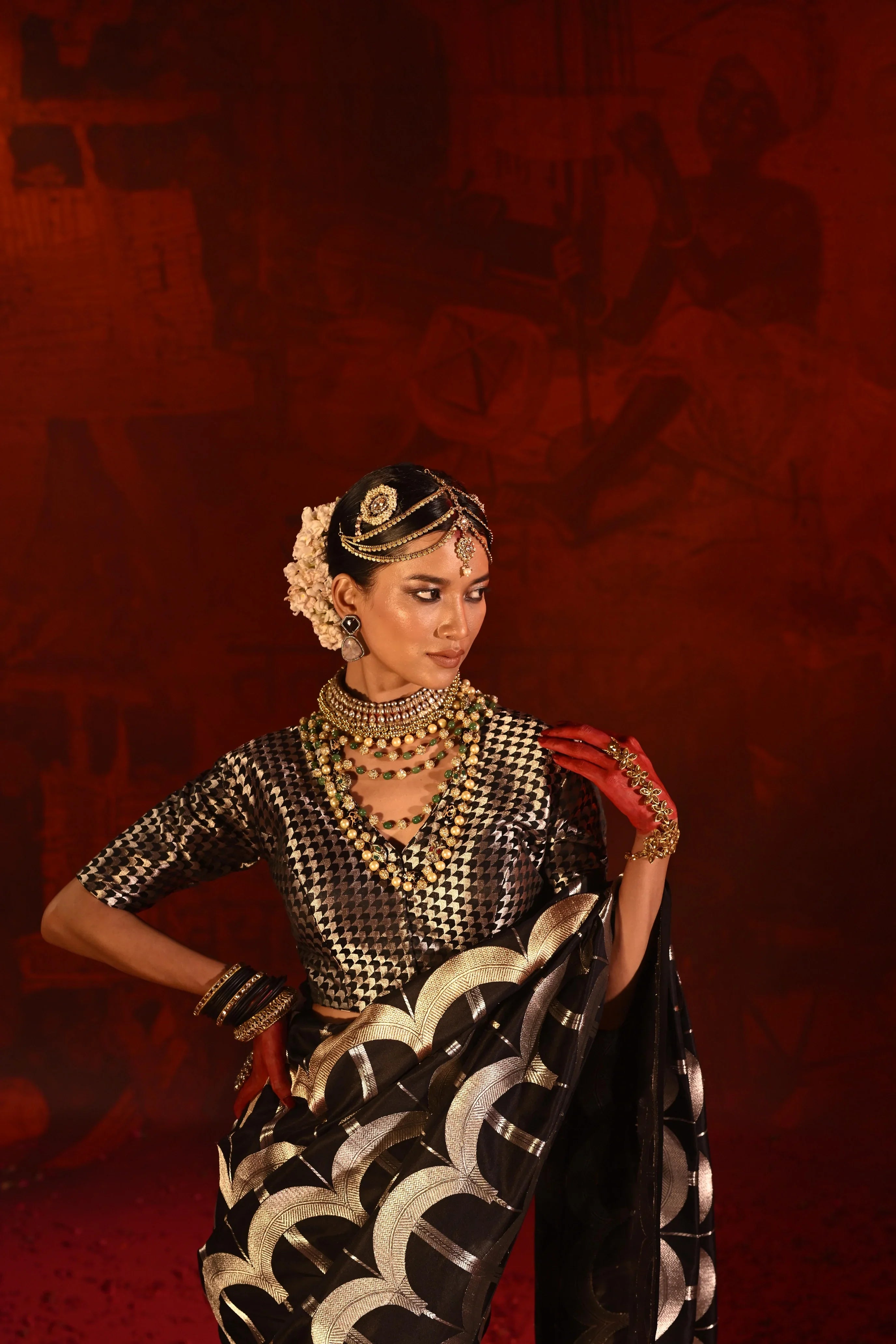 Black Banarasi Silk Saree with Golden-Silver Geometric Zari Weaving - Mokshaa