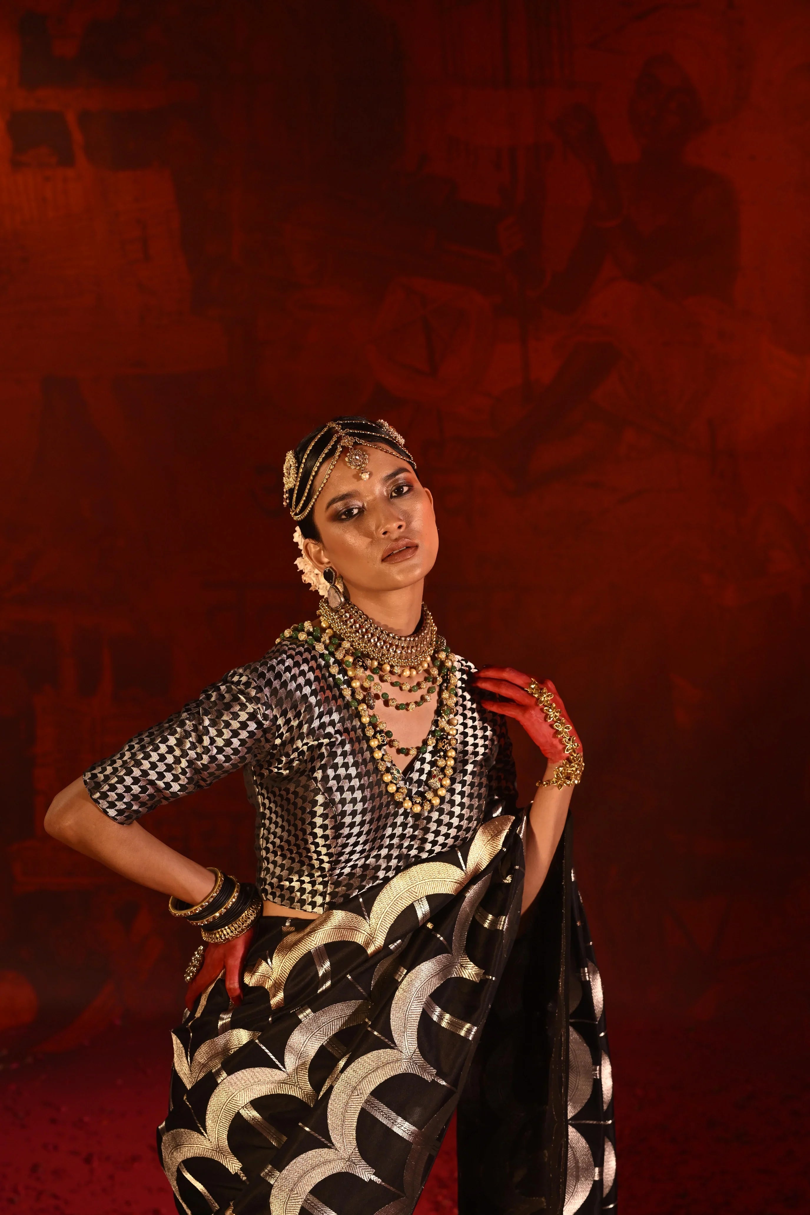 Black Banarasi Silk Saree with Golden-Silver Geometric Zari Weaving - Mokshaa