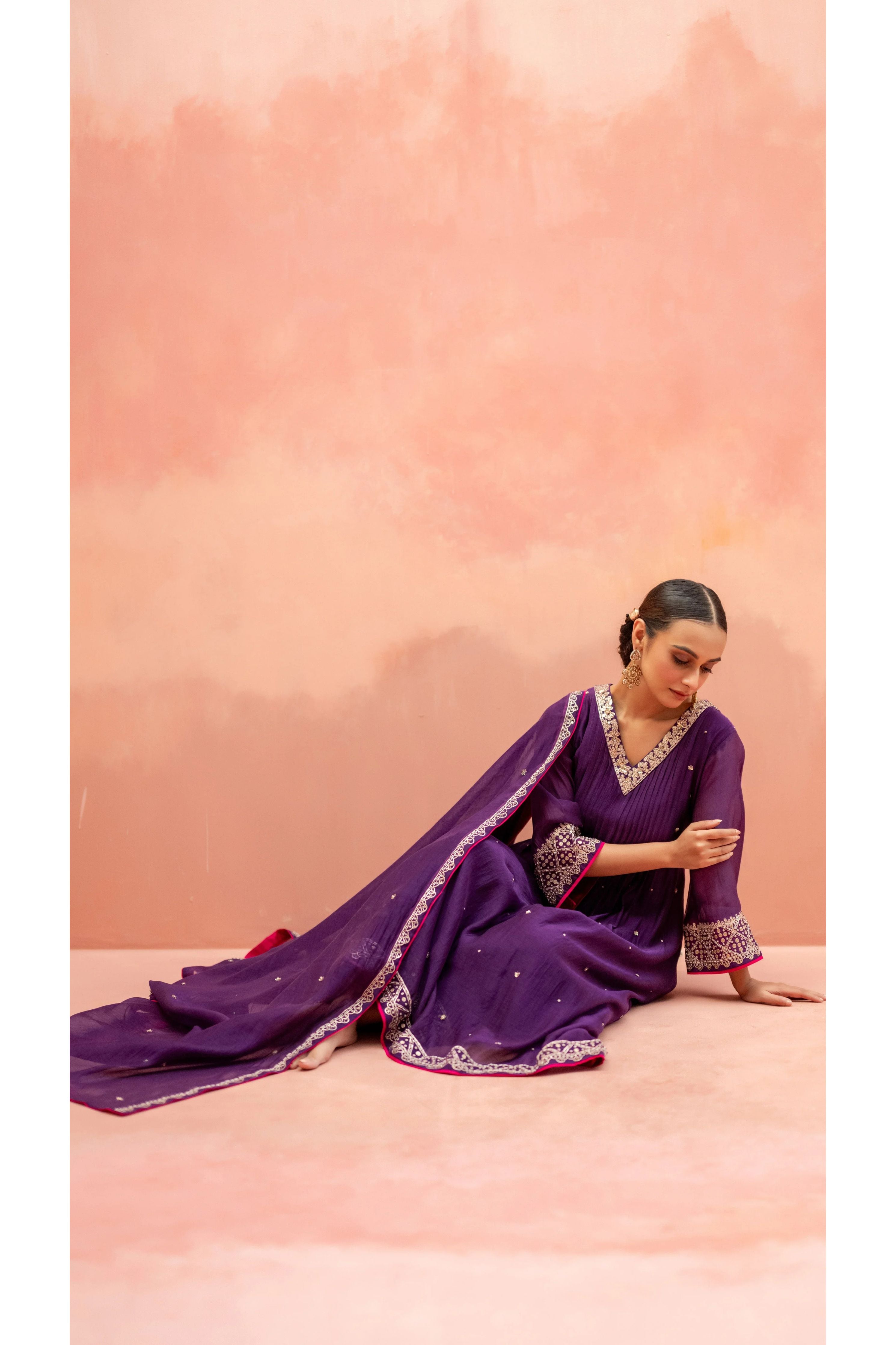 Aubergine Mul Chanderi Embroidered Kurta Set - Mokshaa