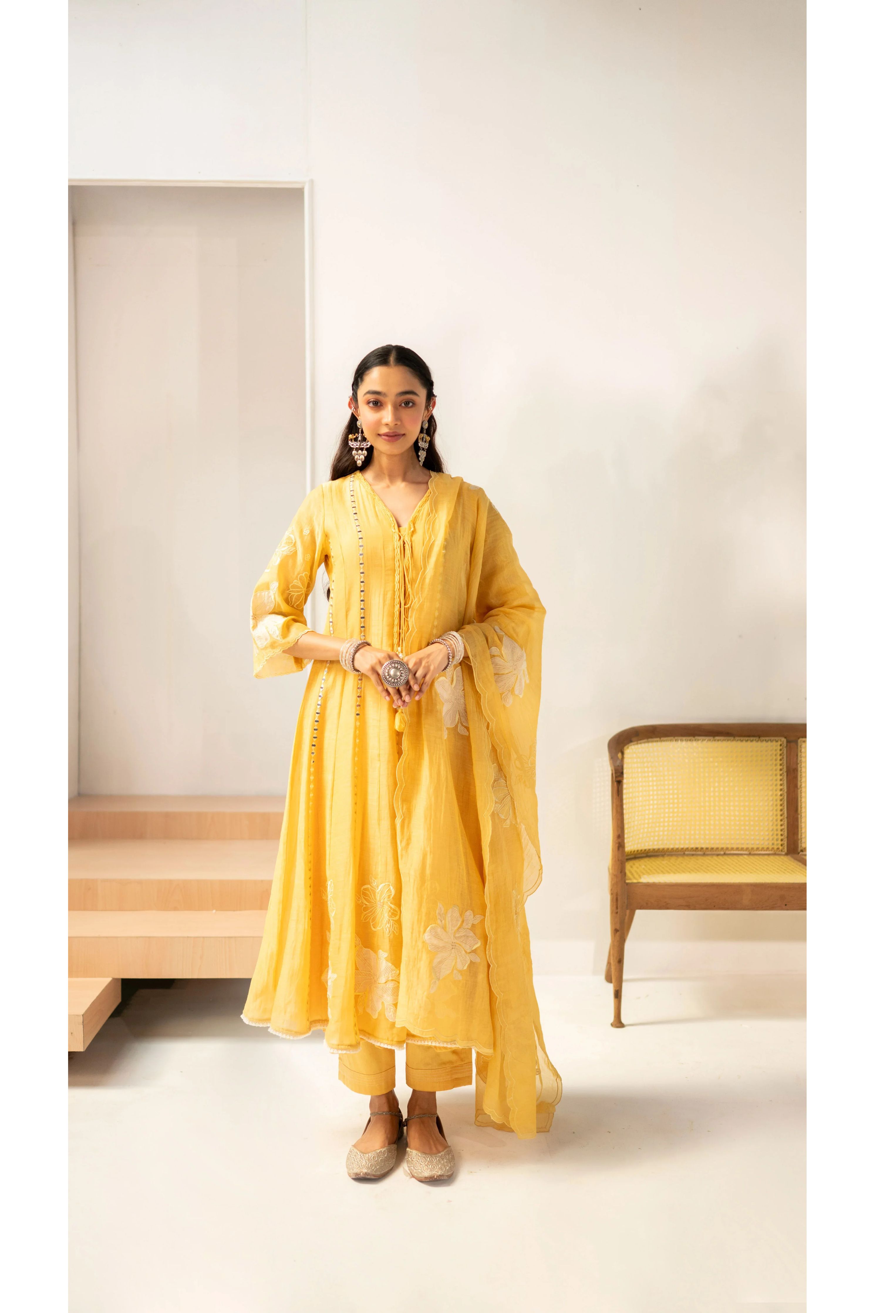 Sunlit Yellow Mirrorwork Embroidered Anarkali Set - Mokshaa