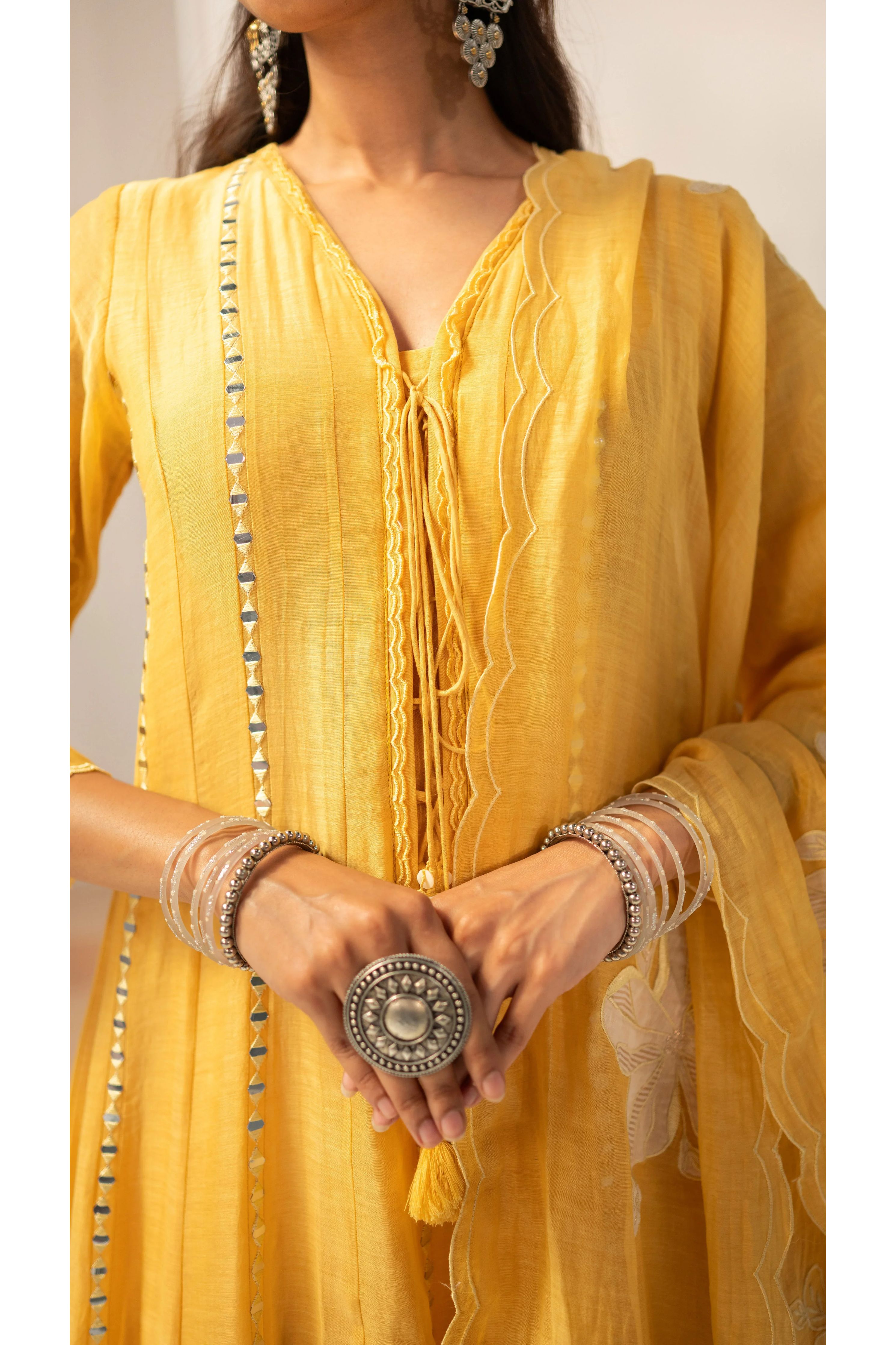 Sunlit Yellow Mirrorwork Embroidered Anarkali Set - Mokshaa