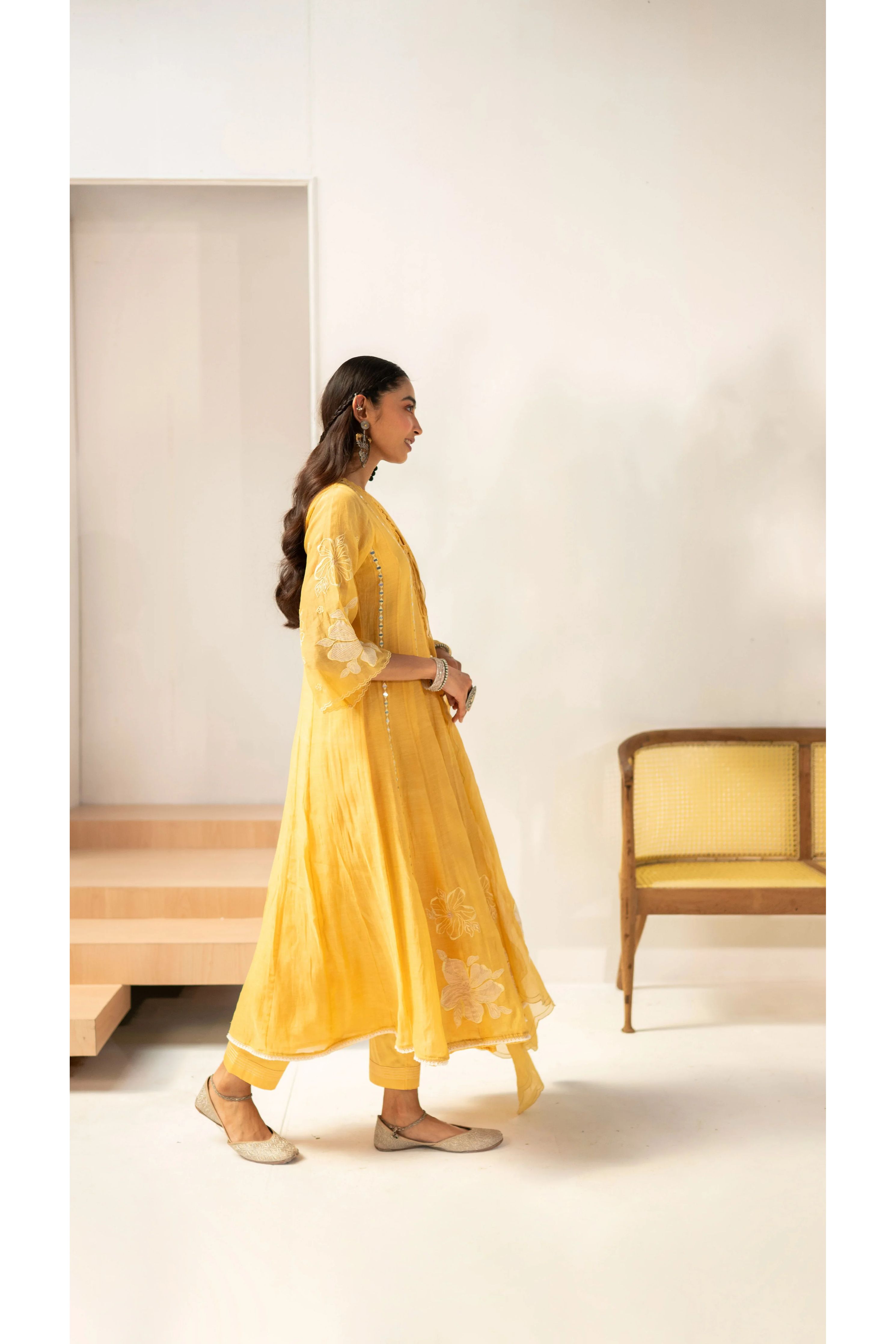 Sunlit Yellow Mirrorwork Embroidered Anarkali Set - Mokshaa