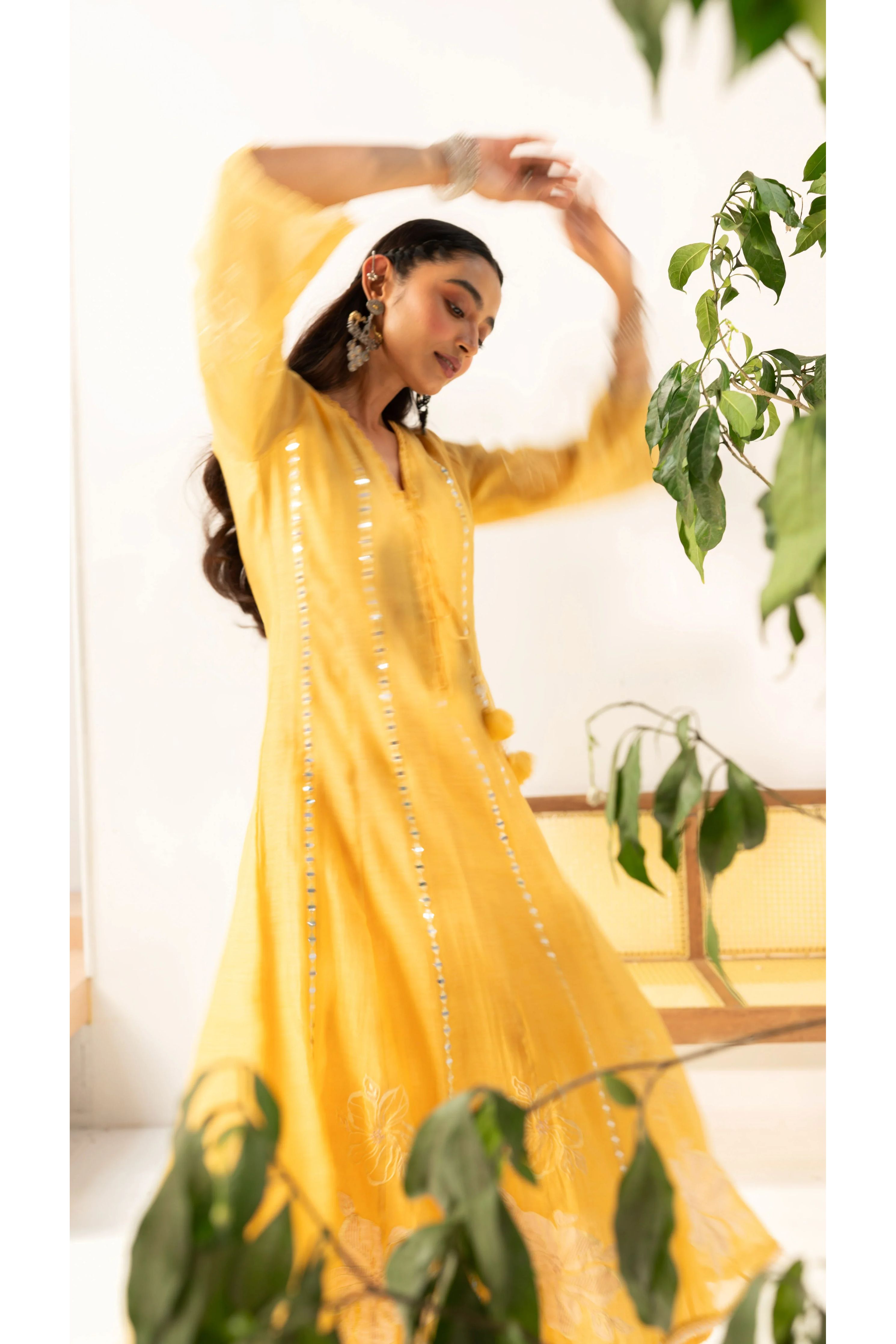 Sunlit Yellow Mirrorwork Embroidered Anarkali Set - Mokshaa
