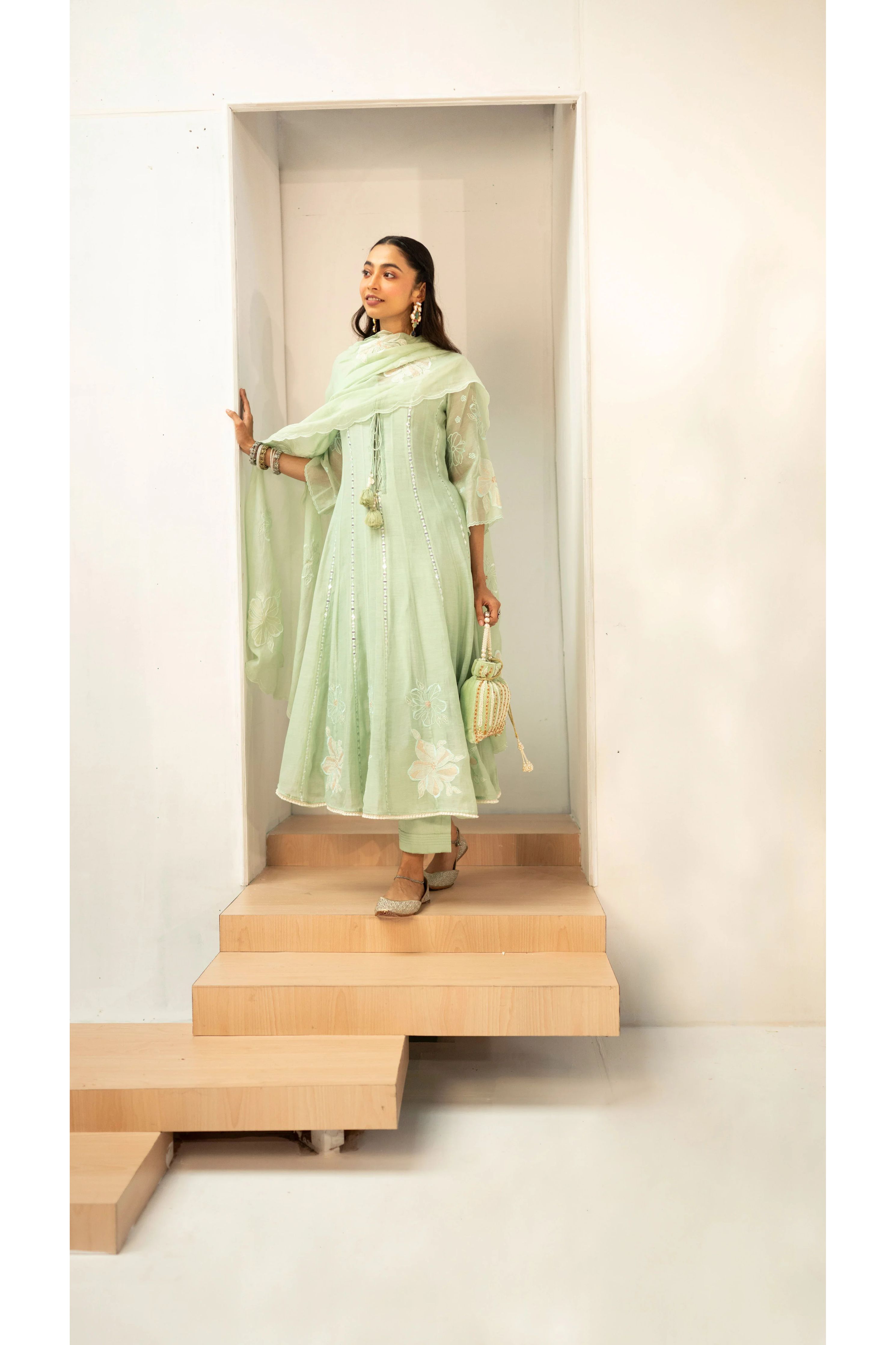 Mint Green Mirrorwork Embroidered Anarkali Set - Mokshaa