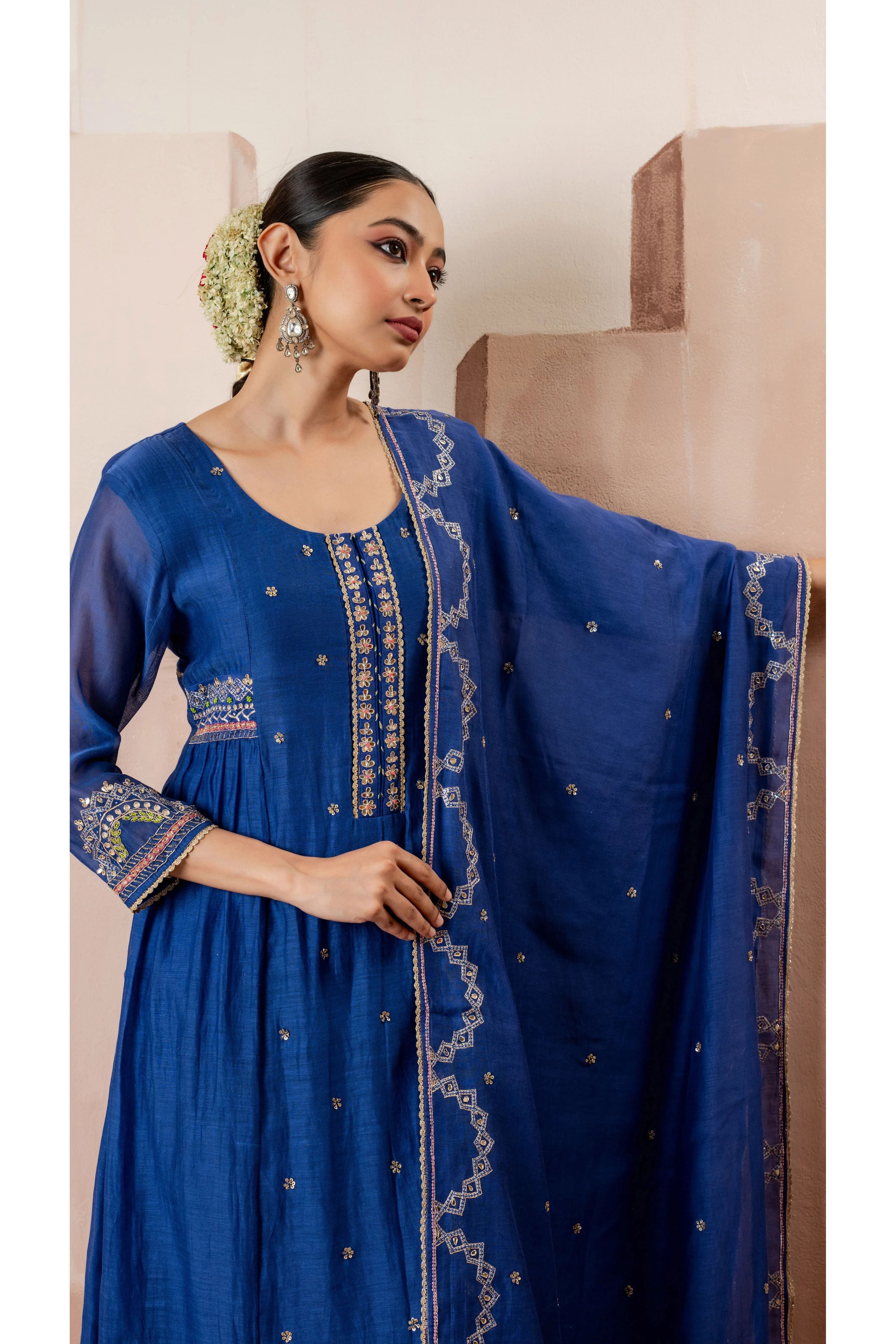Royal Blue Multicolor Embroidered A-line Kurta Set - Mokshaa