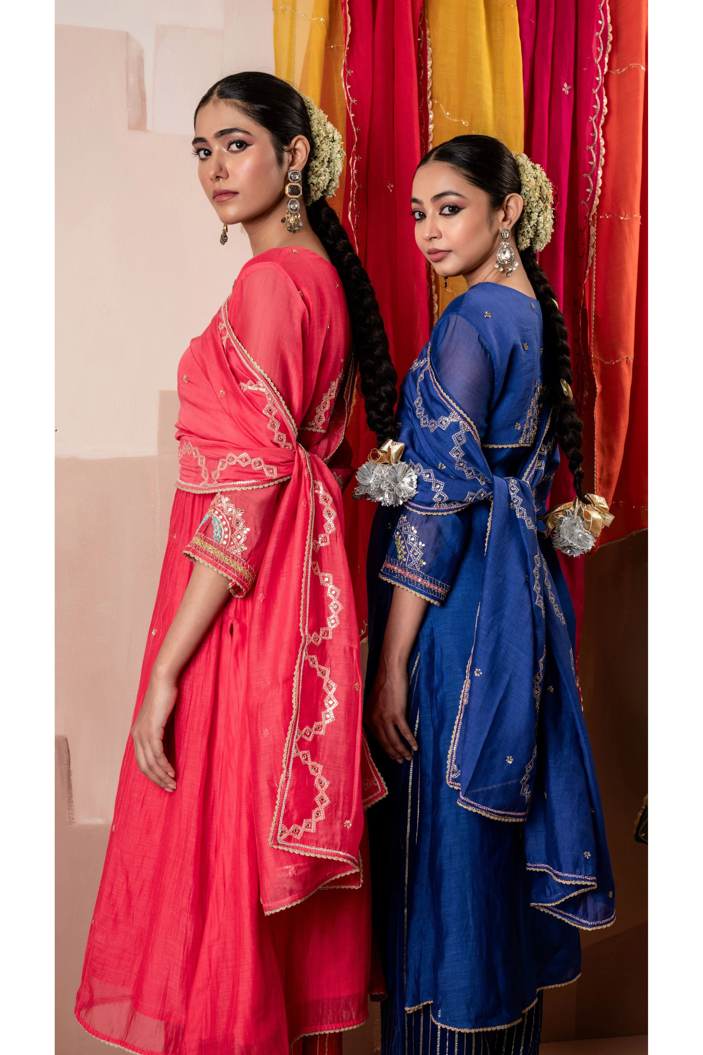 Royal Blue Multicolor Embroidered A-line Kurta Set - Mokshaa