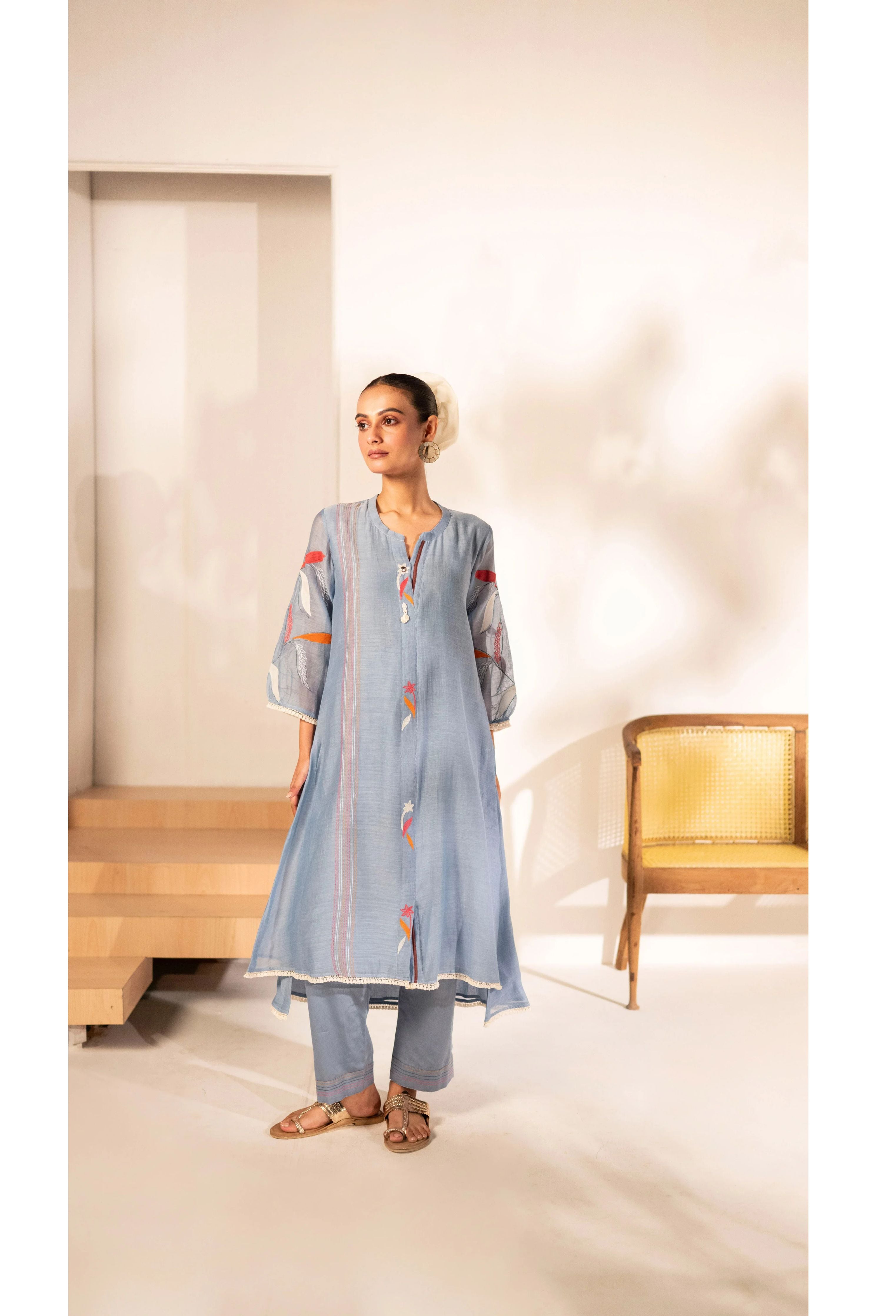 Powder Blue Mul Cotton A-line Tunic Set - Mokshaa