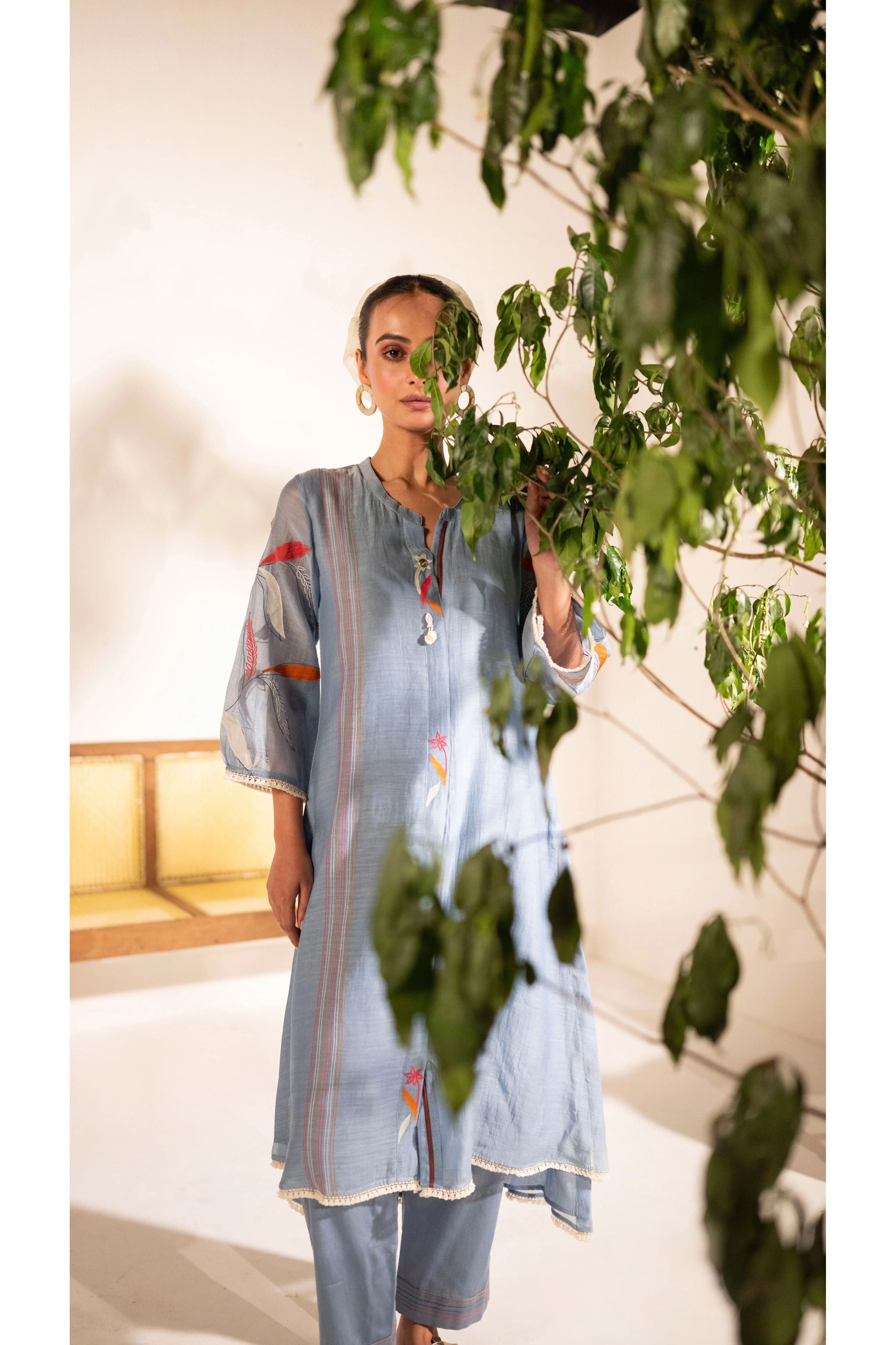 Powder Blue Mul Cotton A-line Tunic Set - Mokshaa